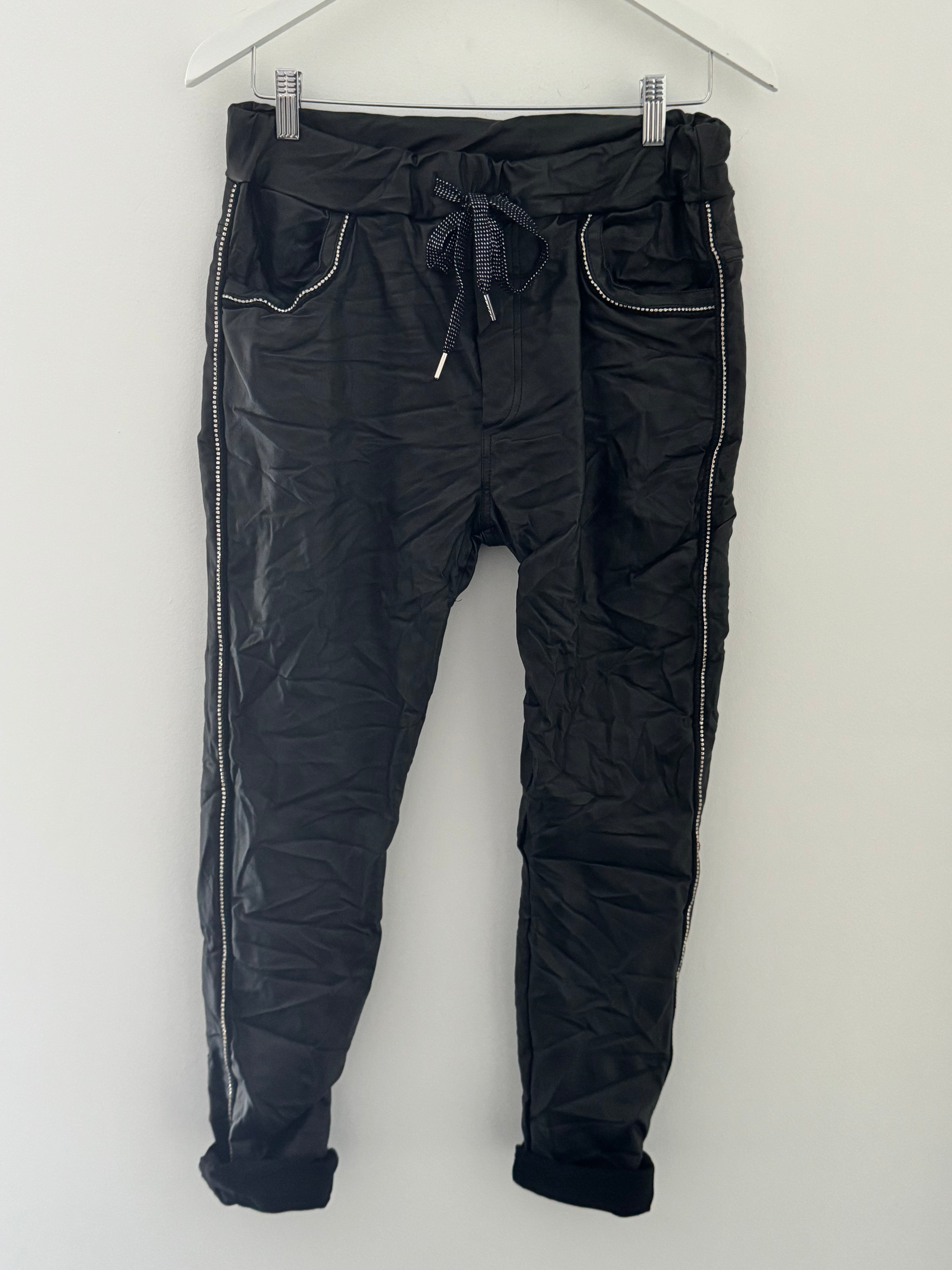 Waxed Rhinestone Joggers in Black