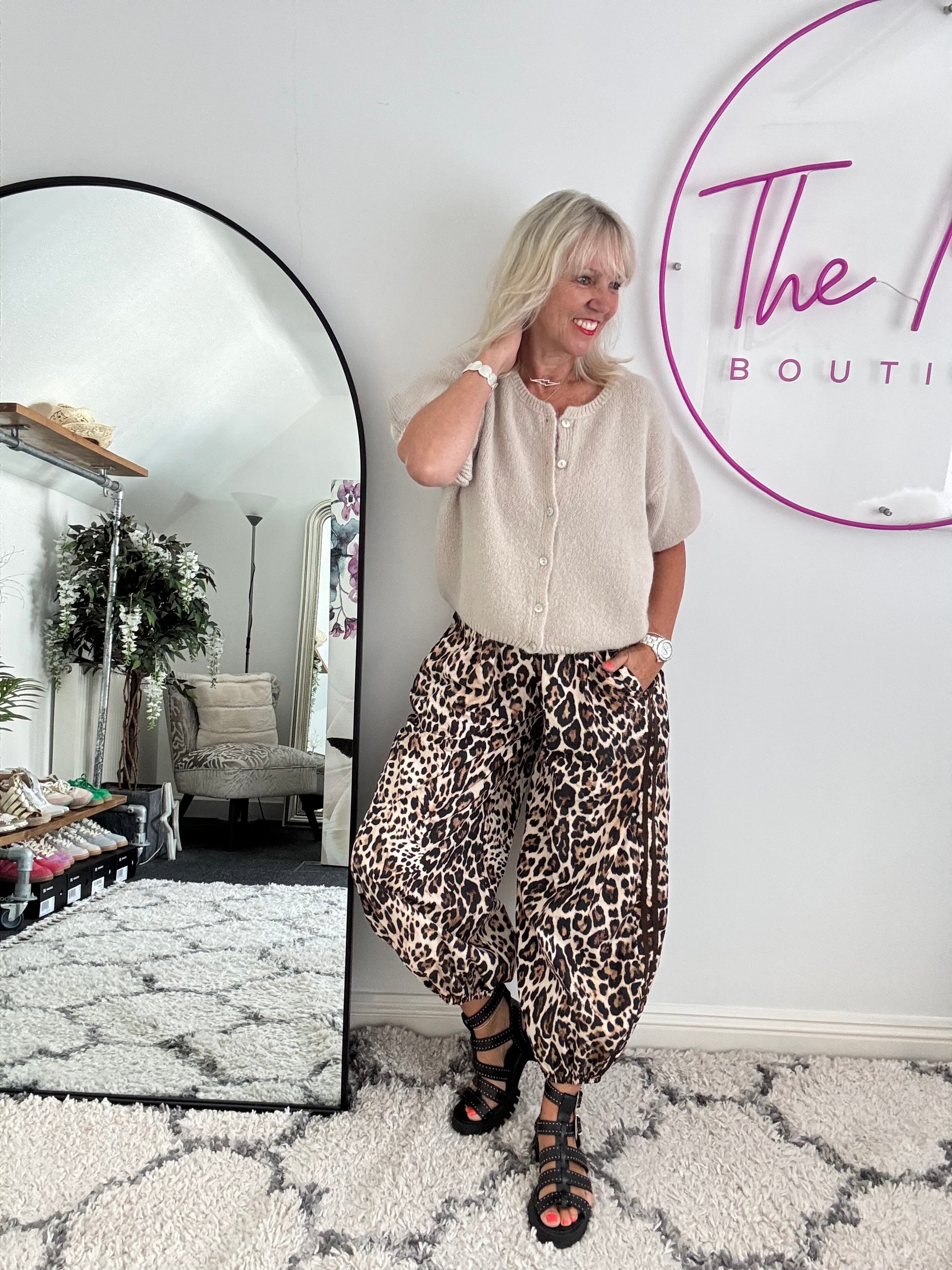 Cotton Barrel Trousers in Leopard