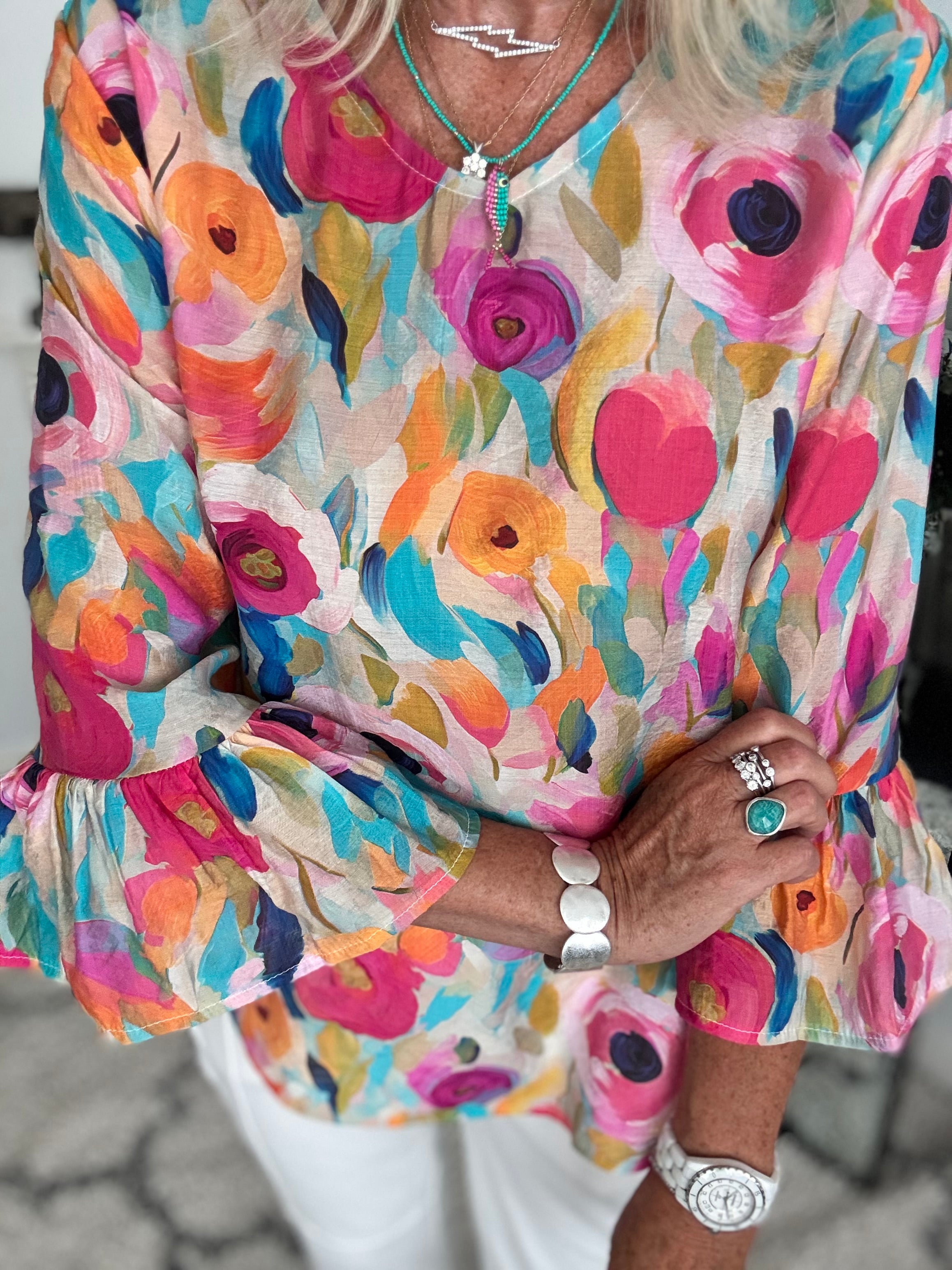 Silky Floral Top with Ruffle Sleeves