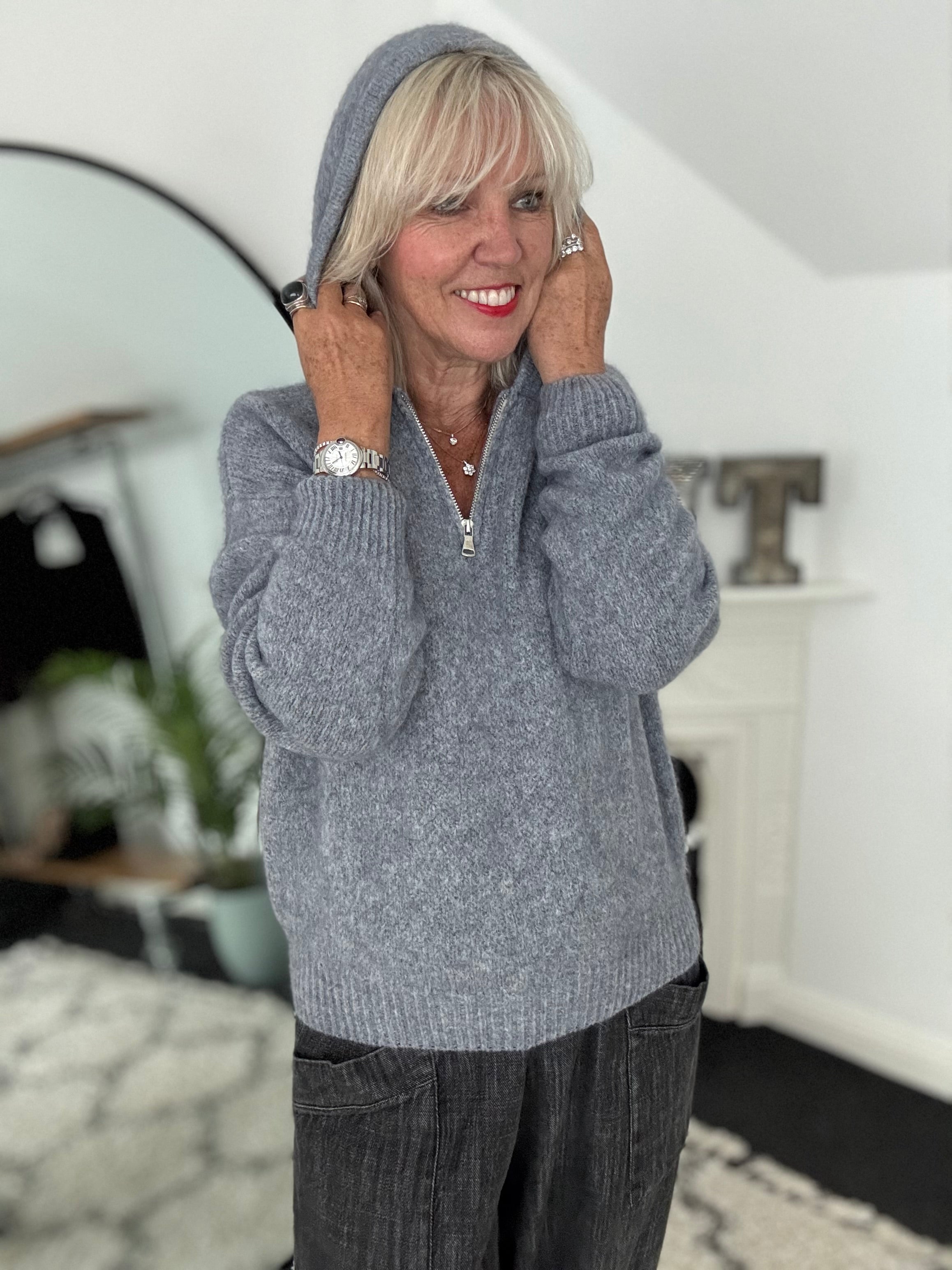 Hooded Mohair Jumper in Charcoal
