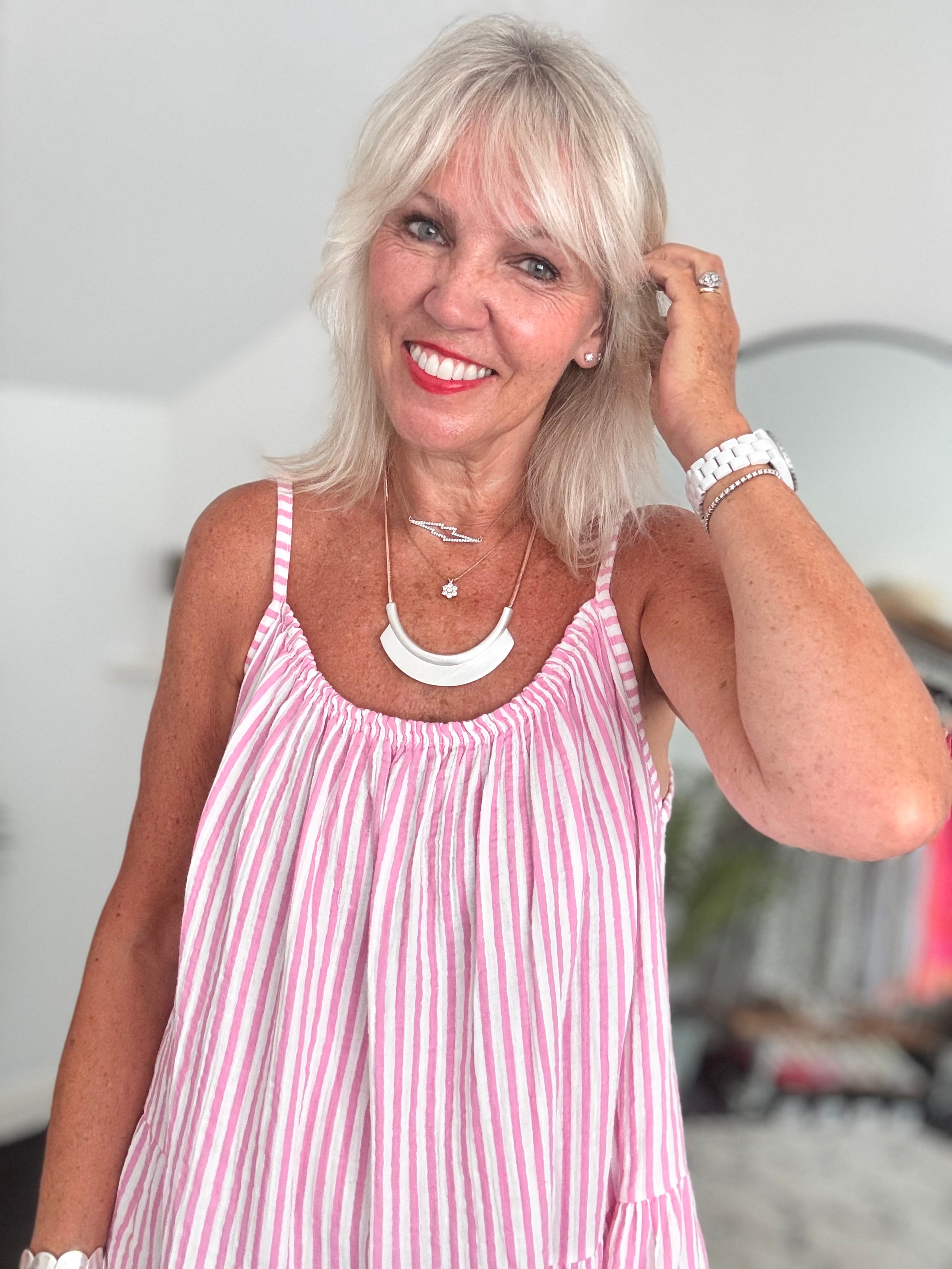 Stripe Cheesecloth Dress in Pink & White