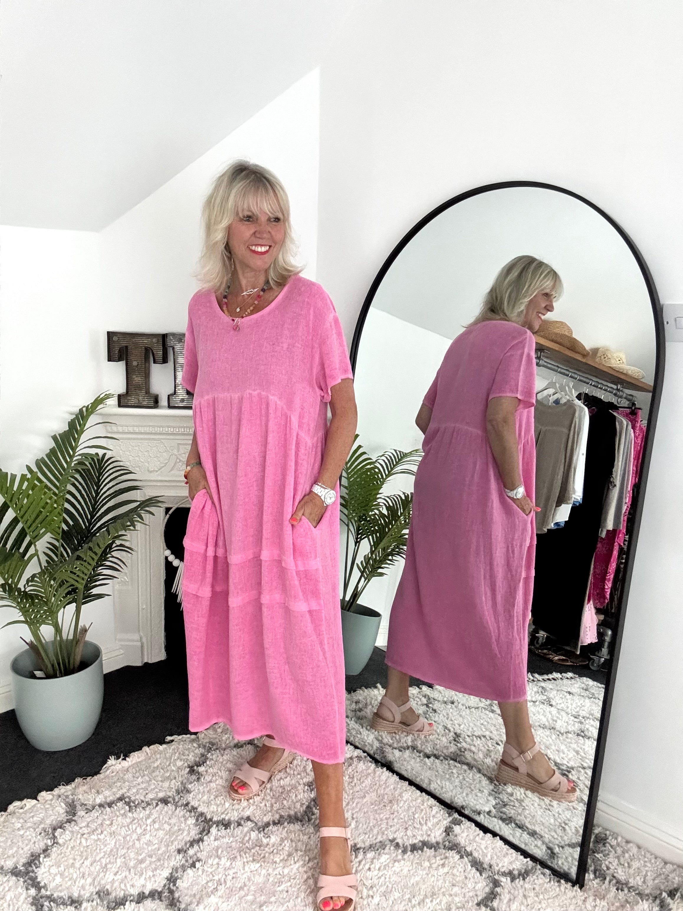 Cotton & Linen Cocoon Dress in Fuchsia