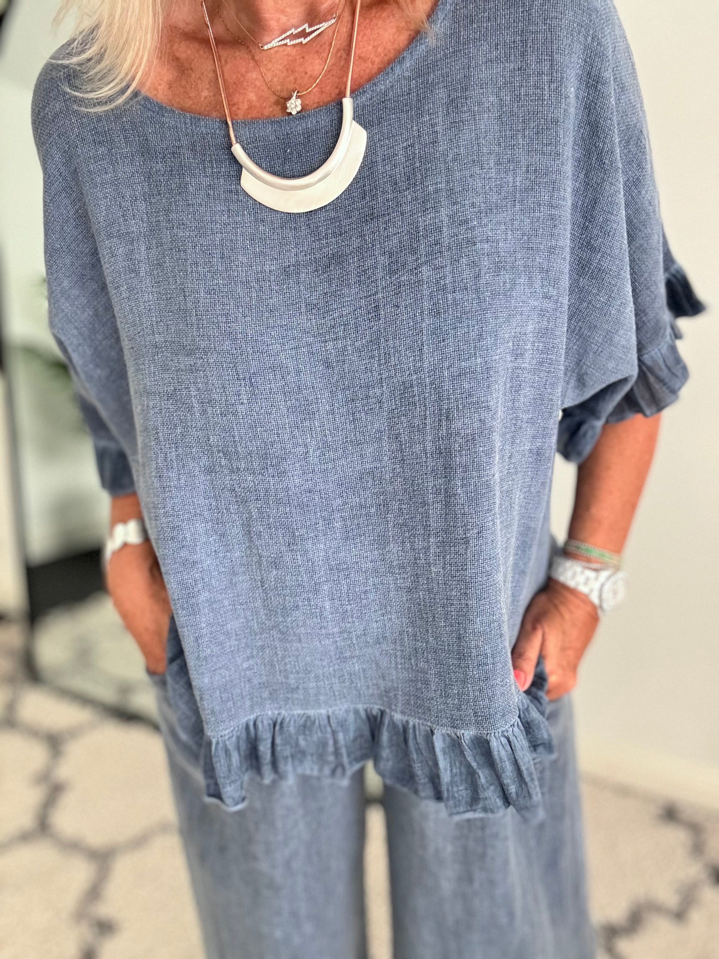 Linen & Cotton Ruffle Edge Top in Denim Blue
