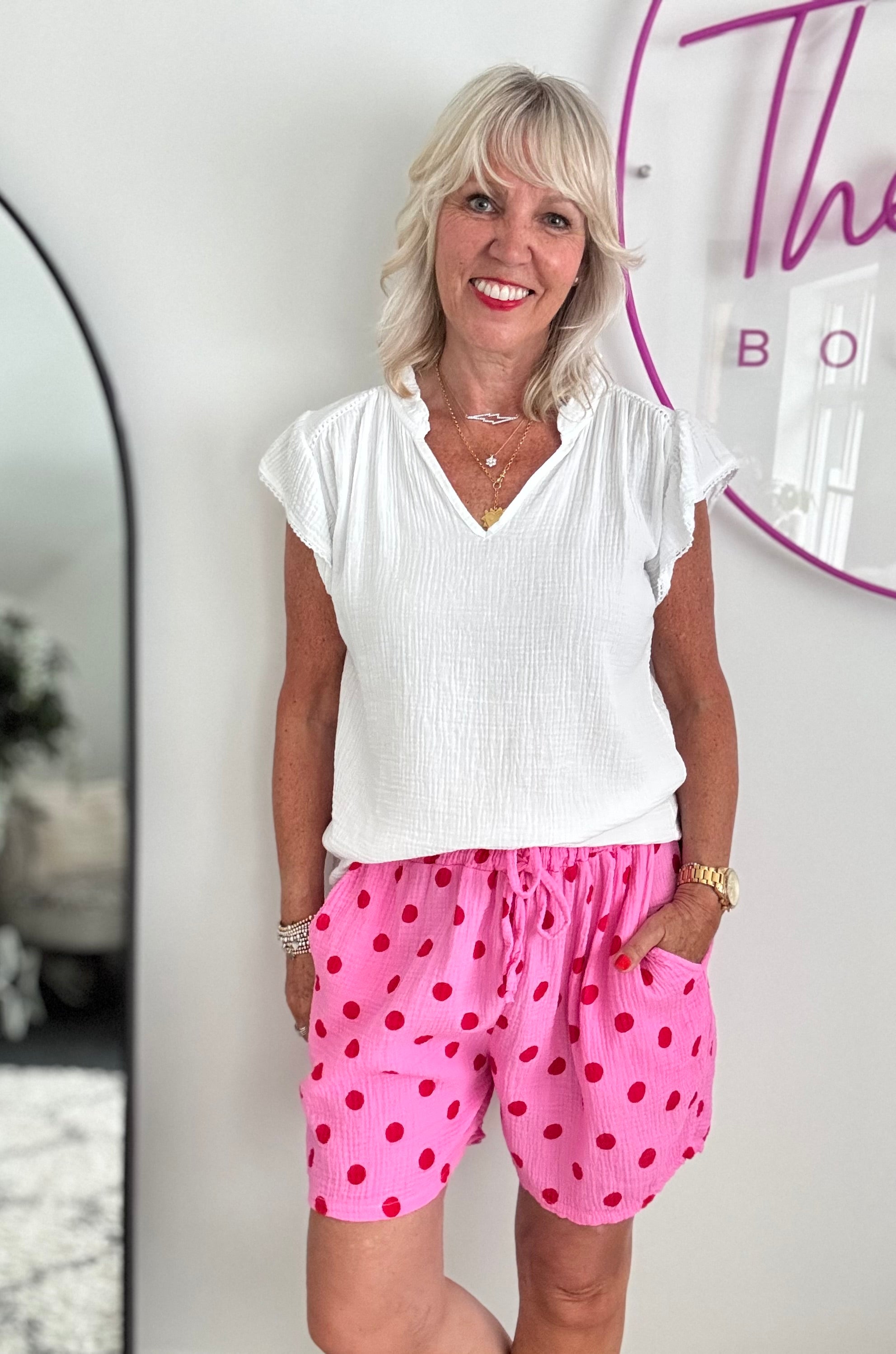 Cheesecloth Spot Shorts in Pink & Red