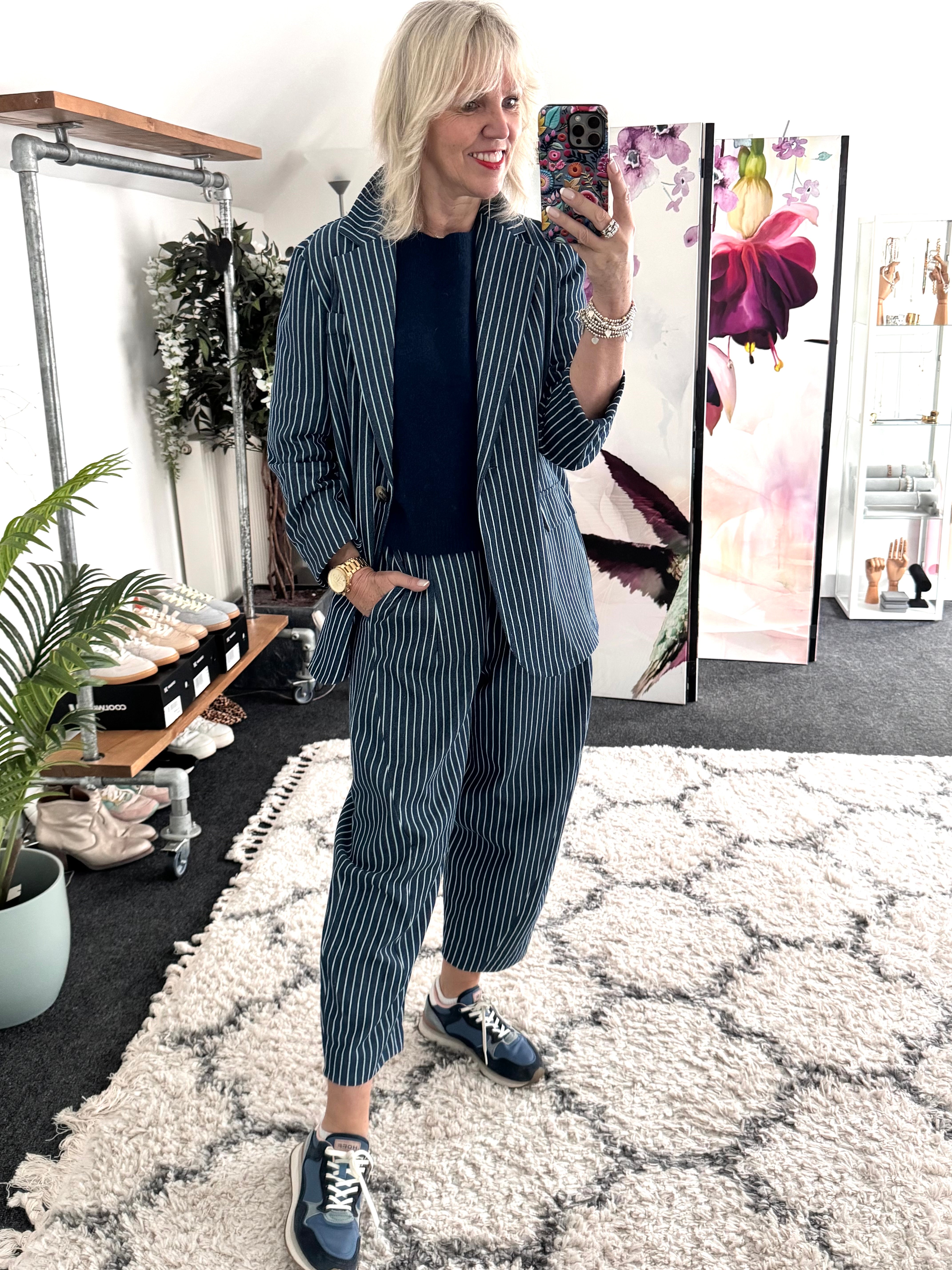Stripe Barrel Leg Trousers in Denim Blue