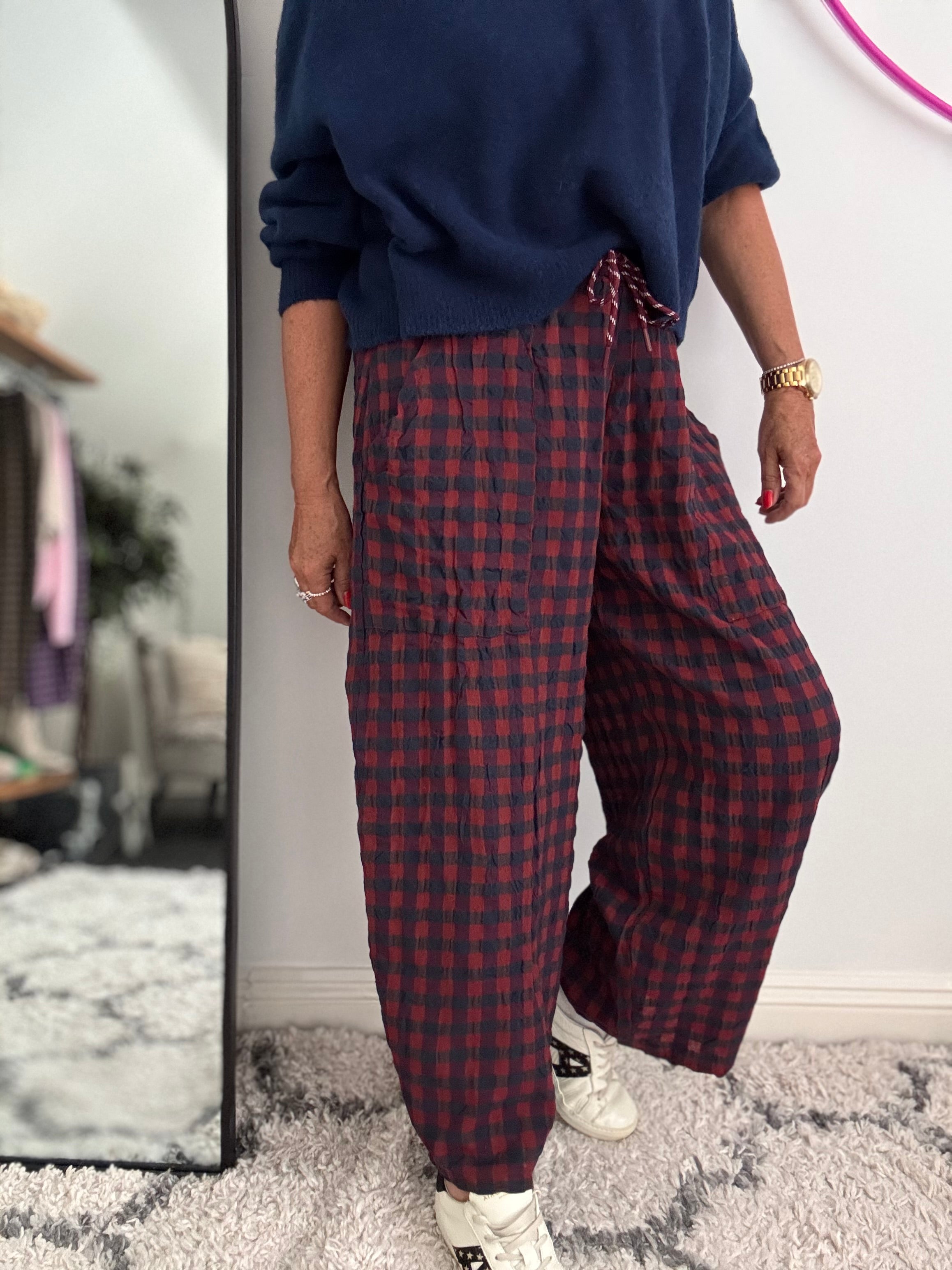Barrel Check Trousers in Berry & Navy