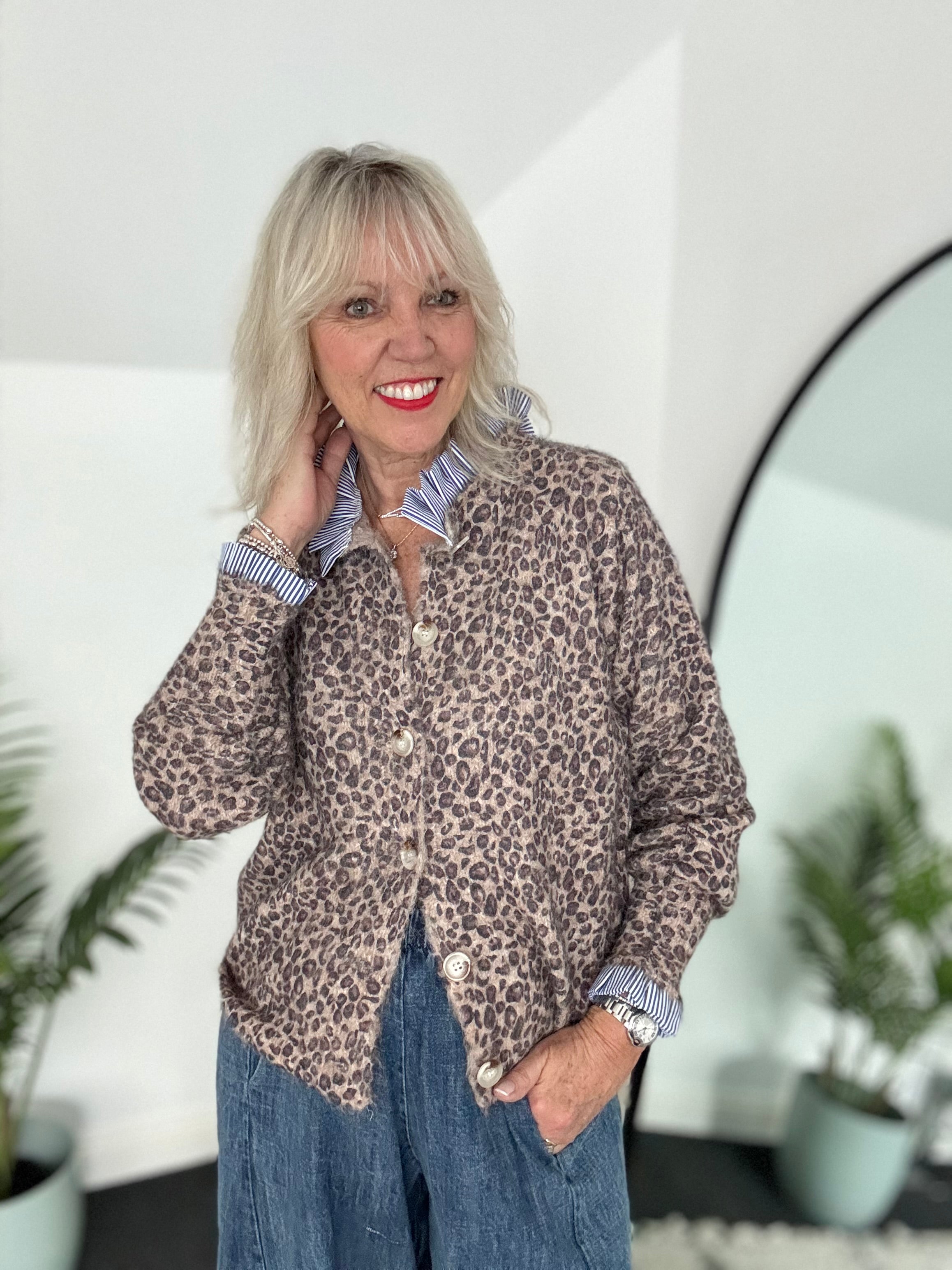 Leopard Cardi with Stripe Collar & Cuffs