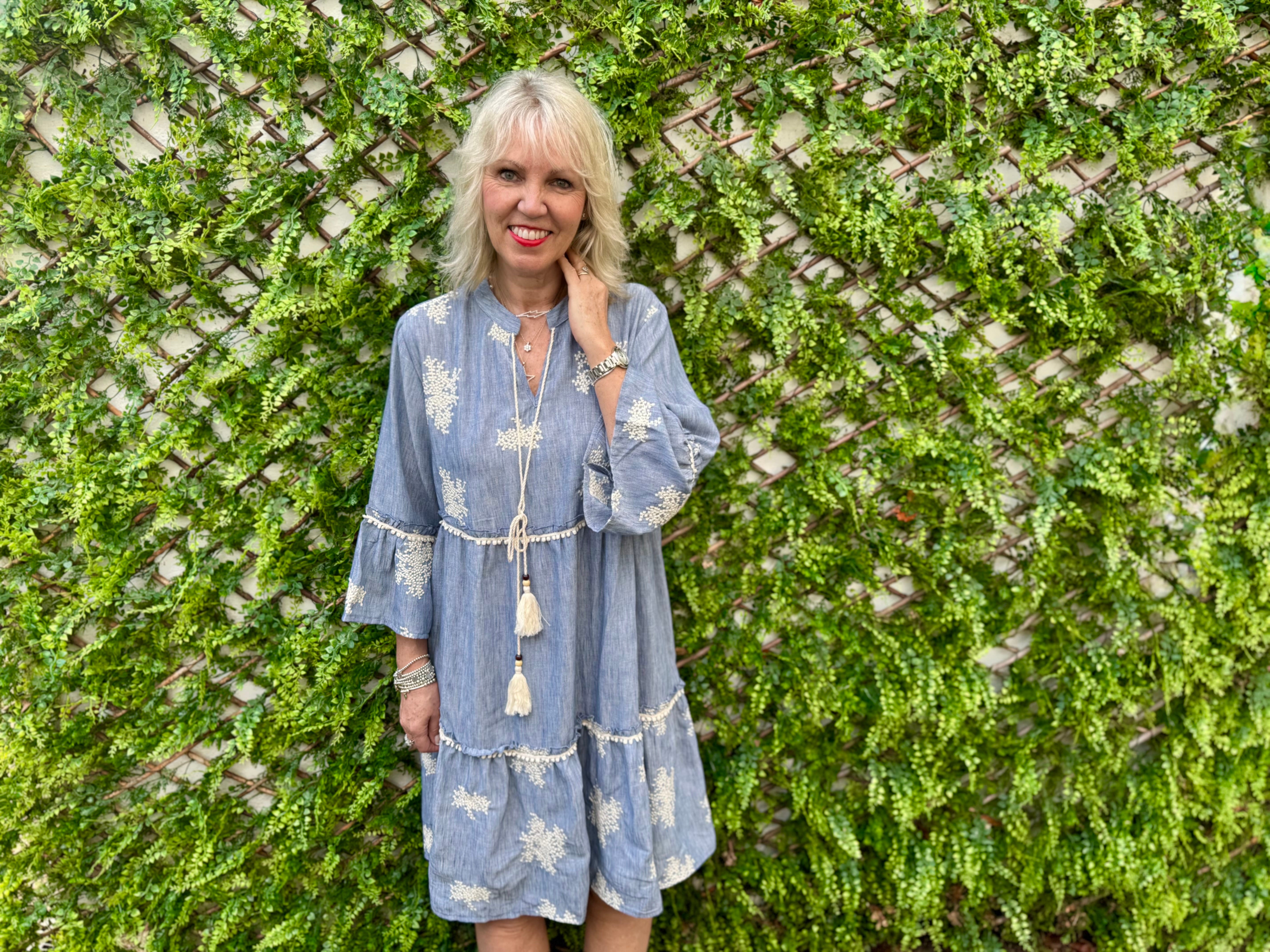 Embroidered Tiered Dress in Blue & White