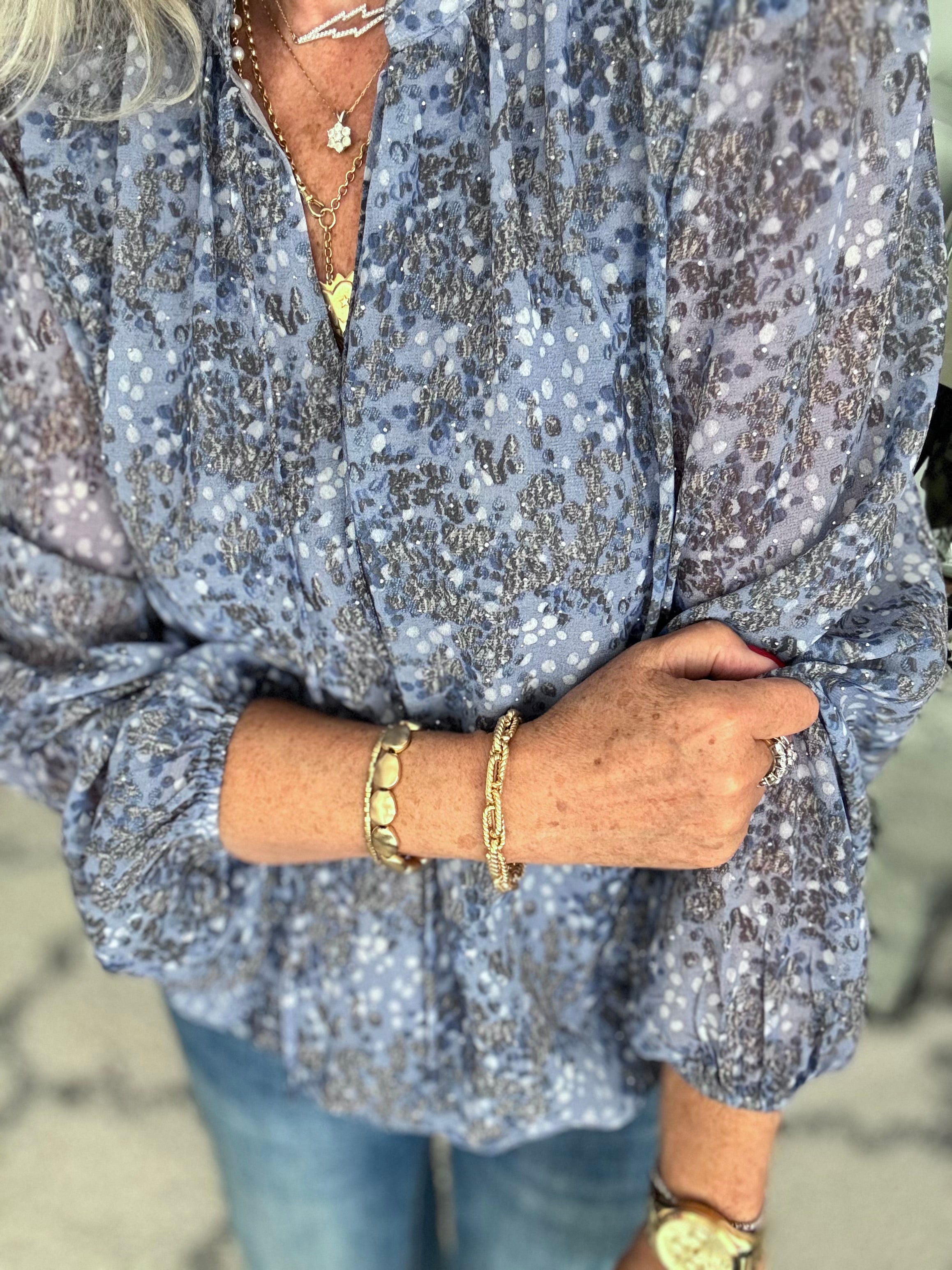 Embellished Blouse in Blue & Grey