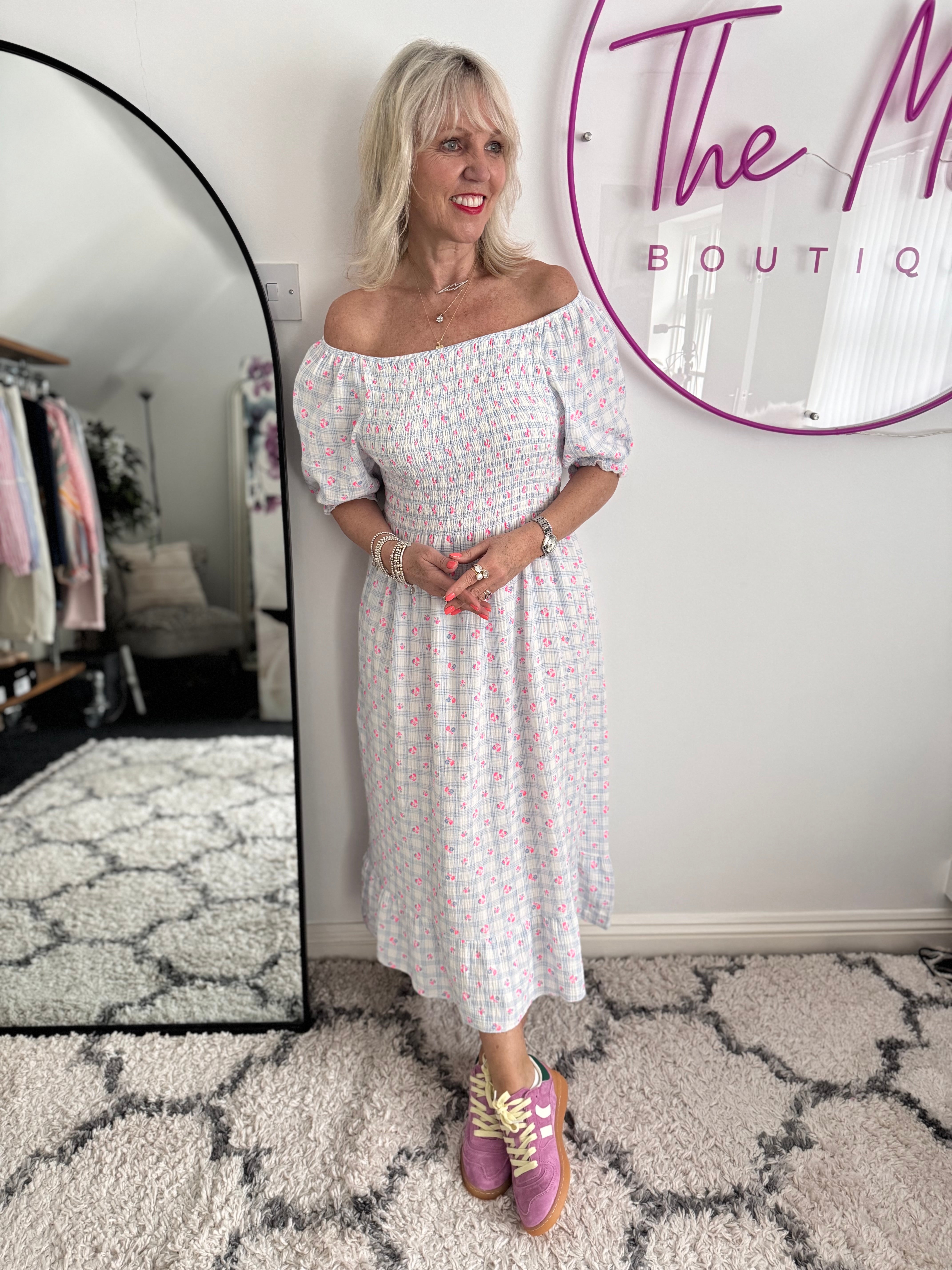 Ditsy Print Dress in Blue & Pink