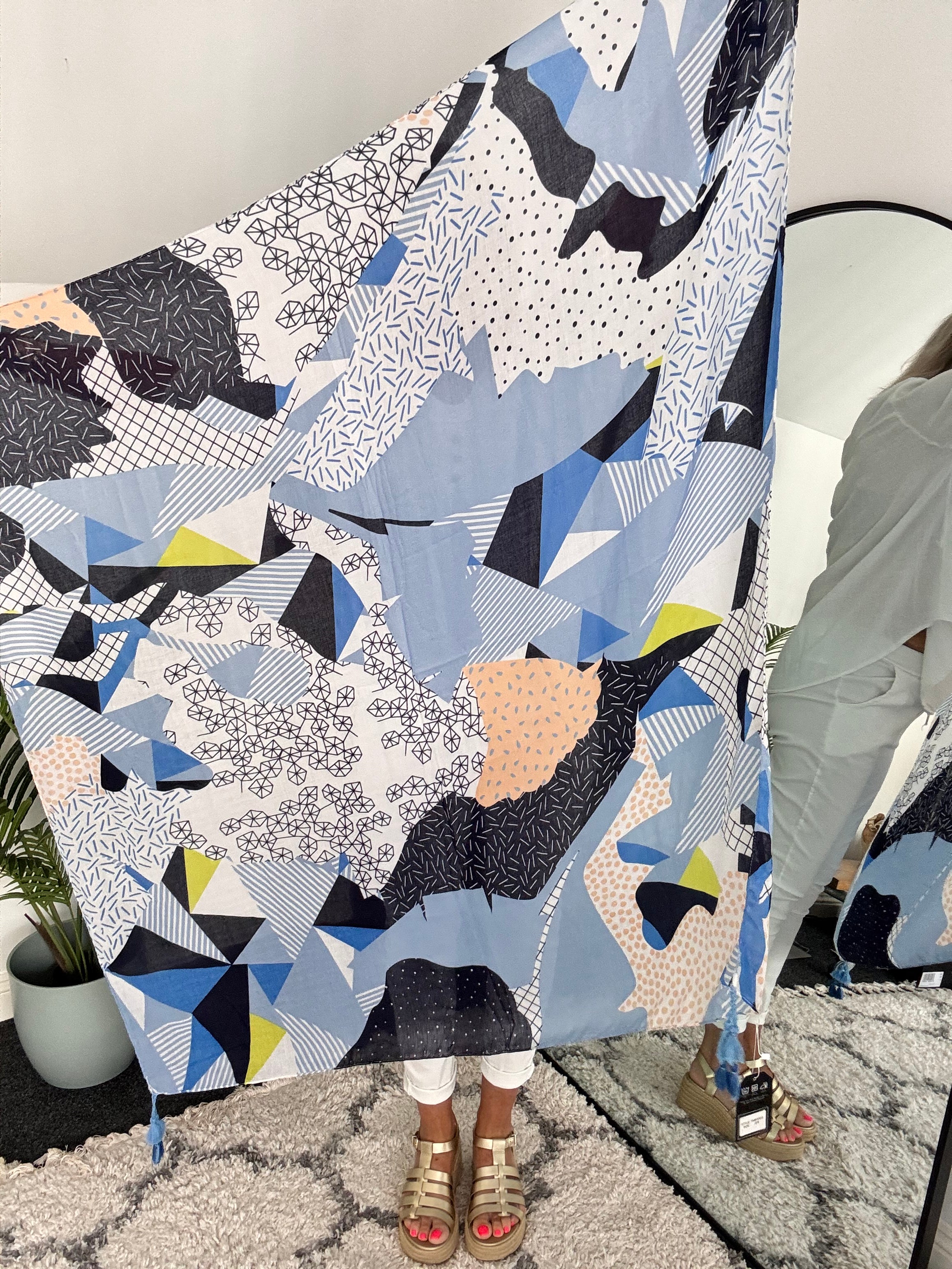 Patterned Square Scarf with Tassels in Blue
