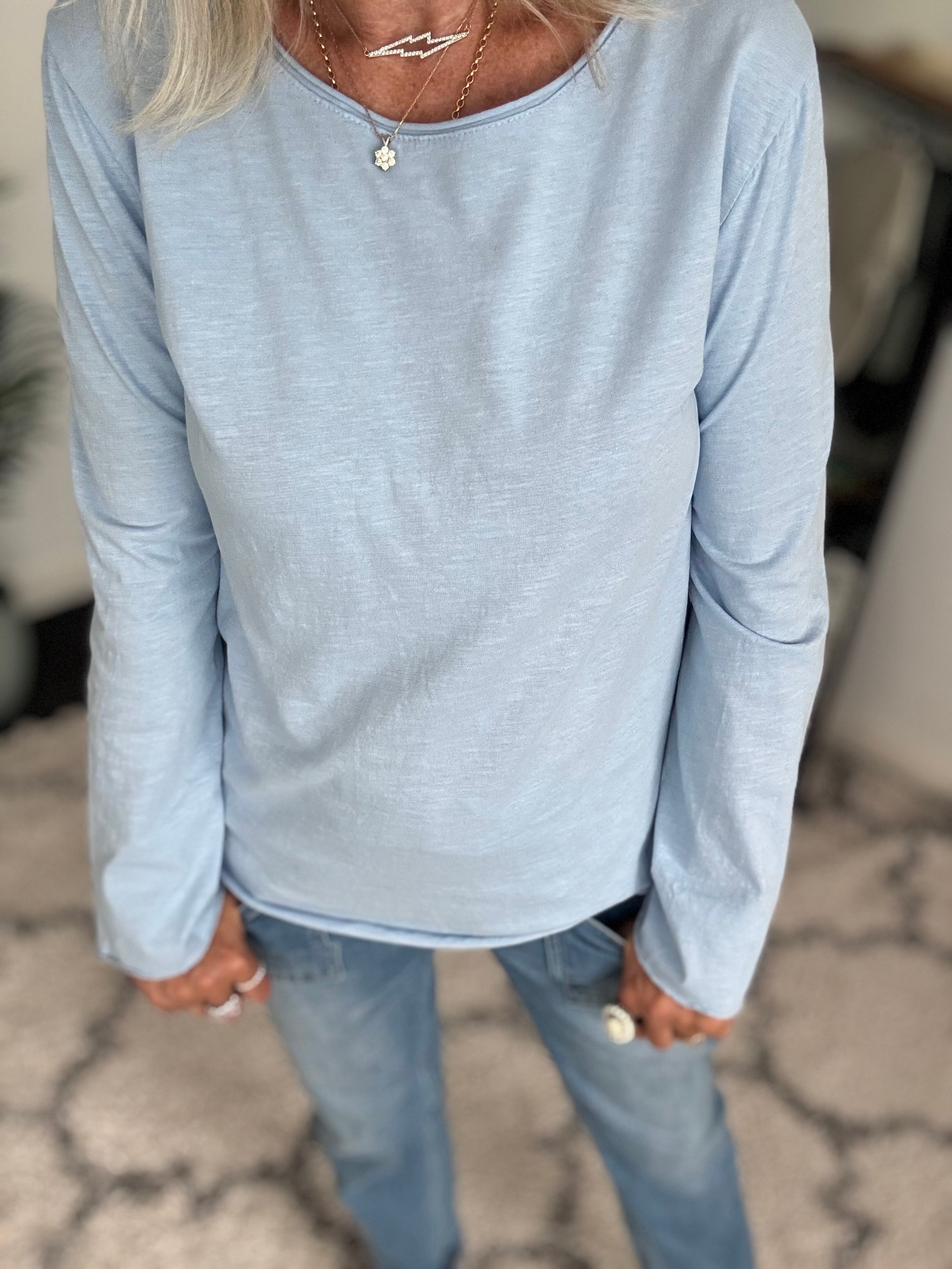 Long Sleeve Top with Flare Sleeves in Light Blue