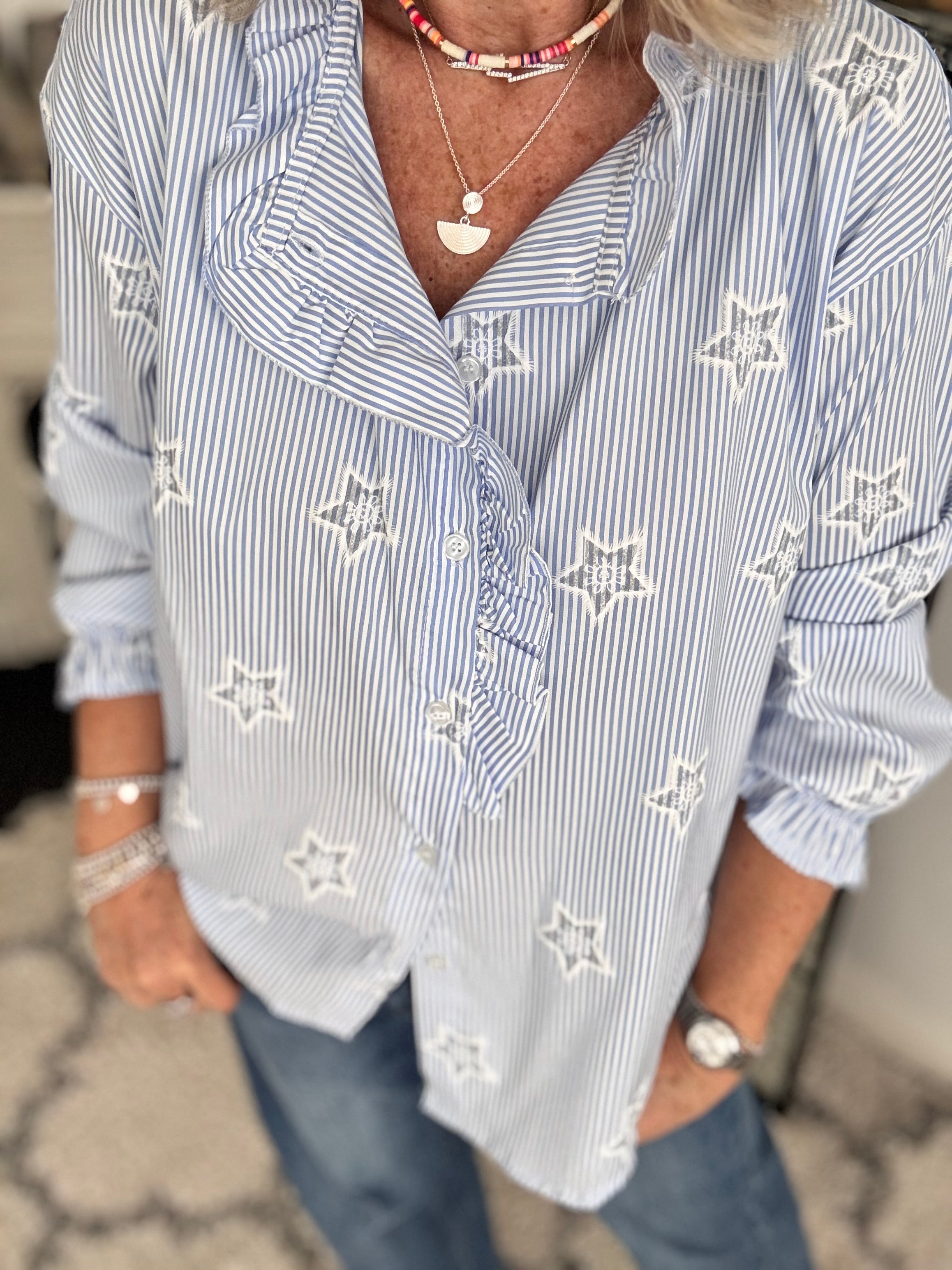 Crisp Blue & White Stripe Shirt with Stars