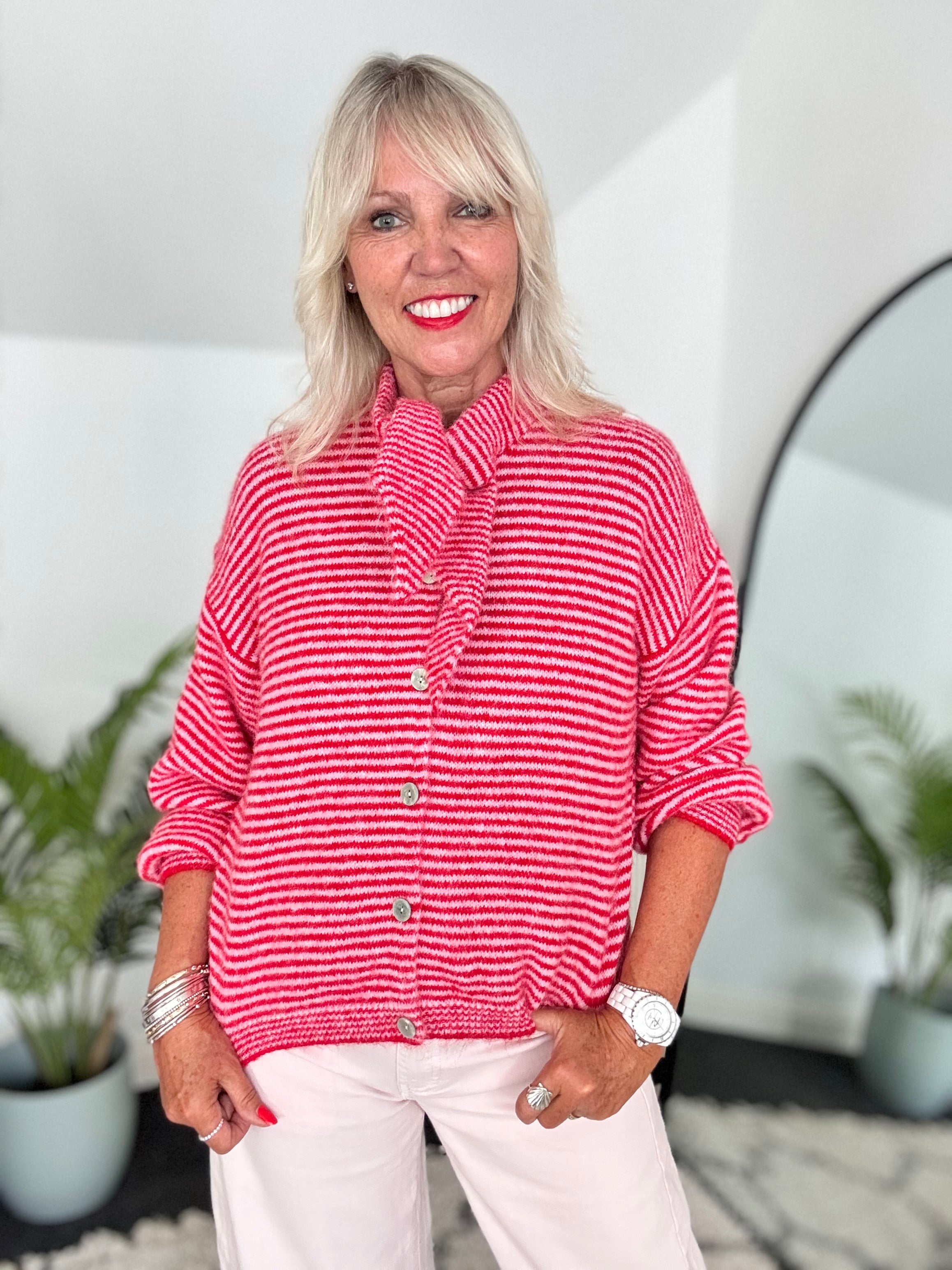 Neck Tie Stripe Cardi in Pink & Red