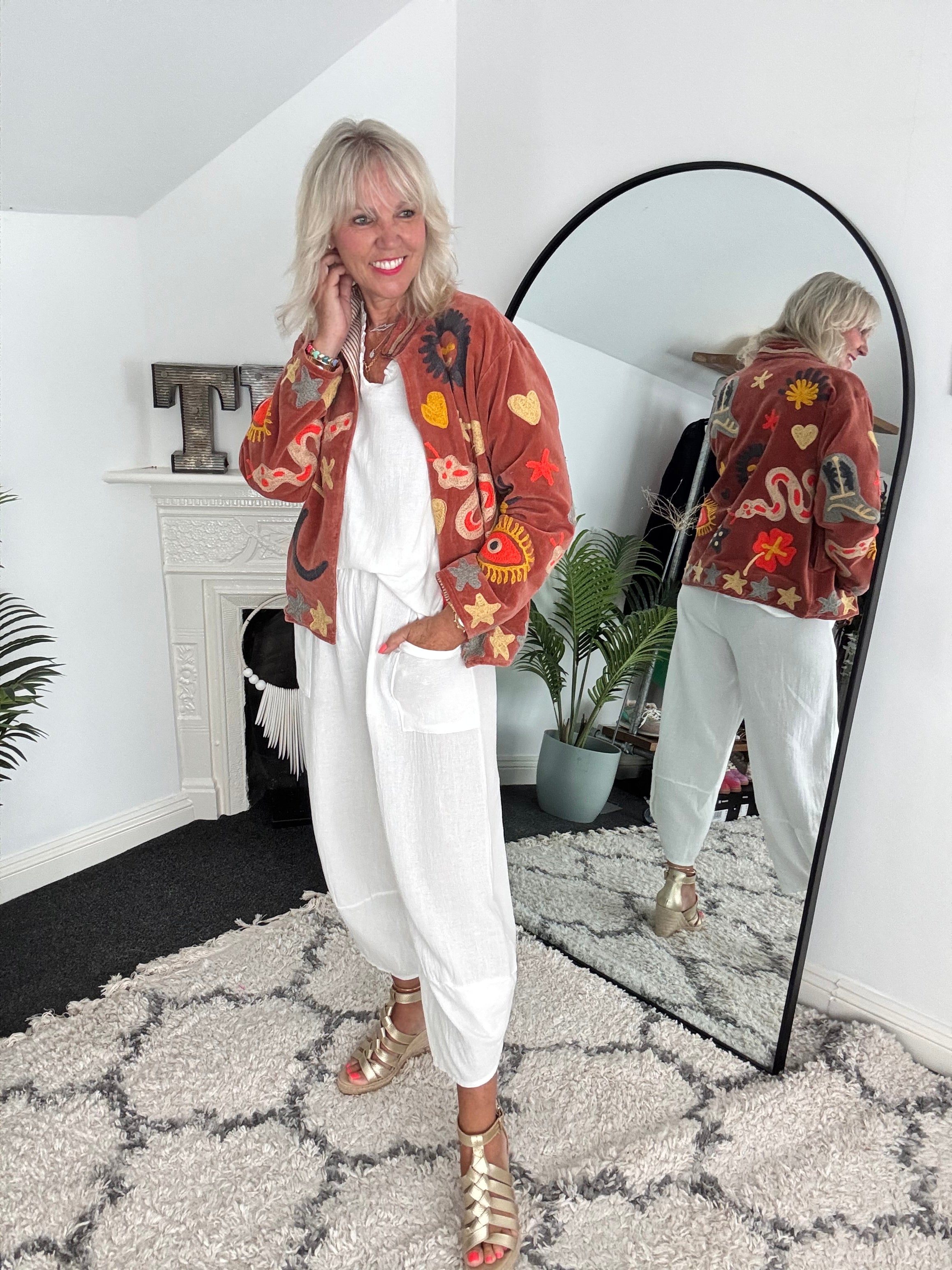 Artisan Velvet Jacket with Appliqued Folk Art in Sienna