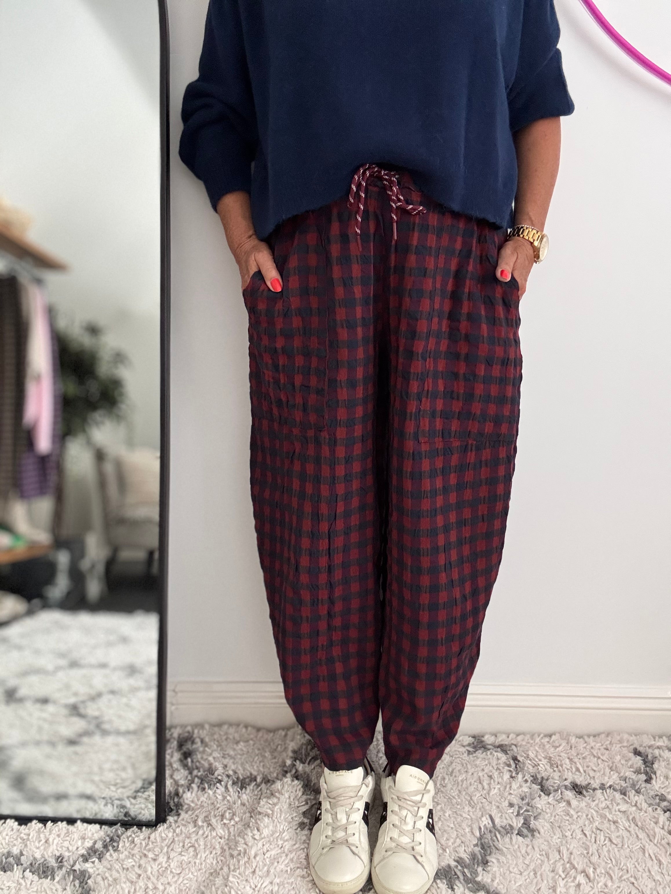 Barrel Check Trousers in Berry & Navy