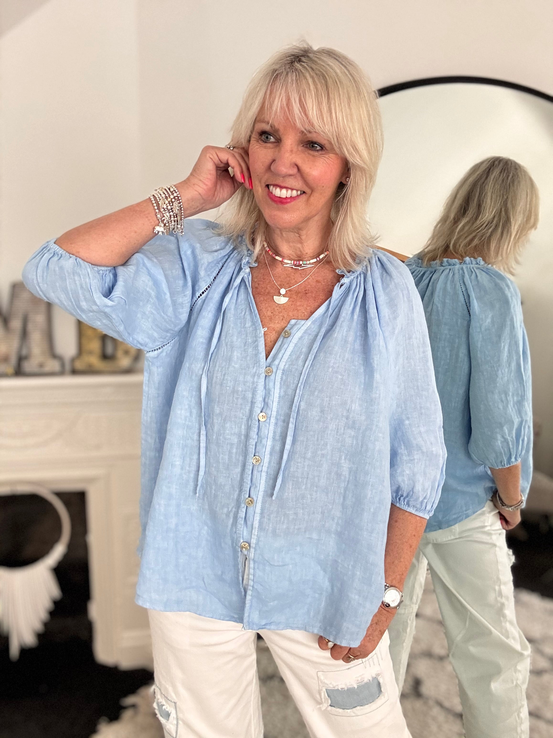 Pure Linen Designer Blouse in Sky Blue