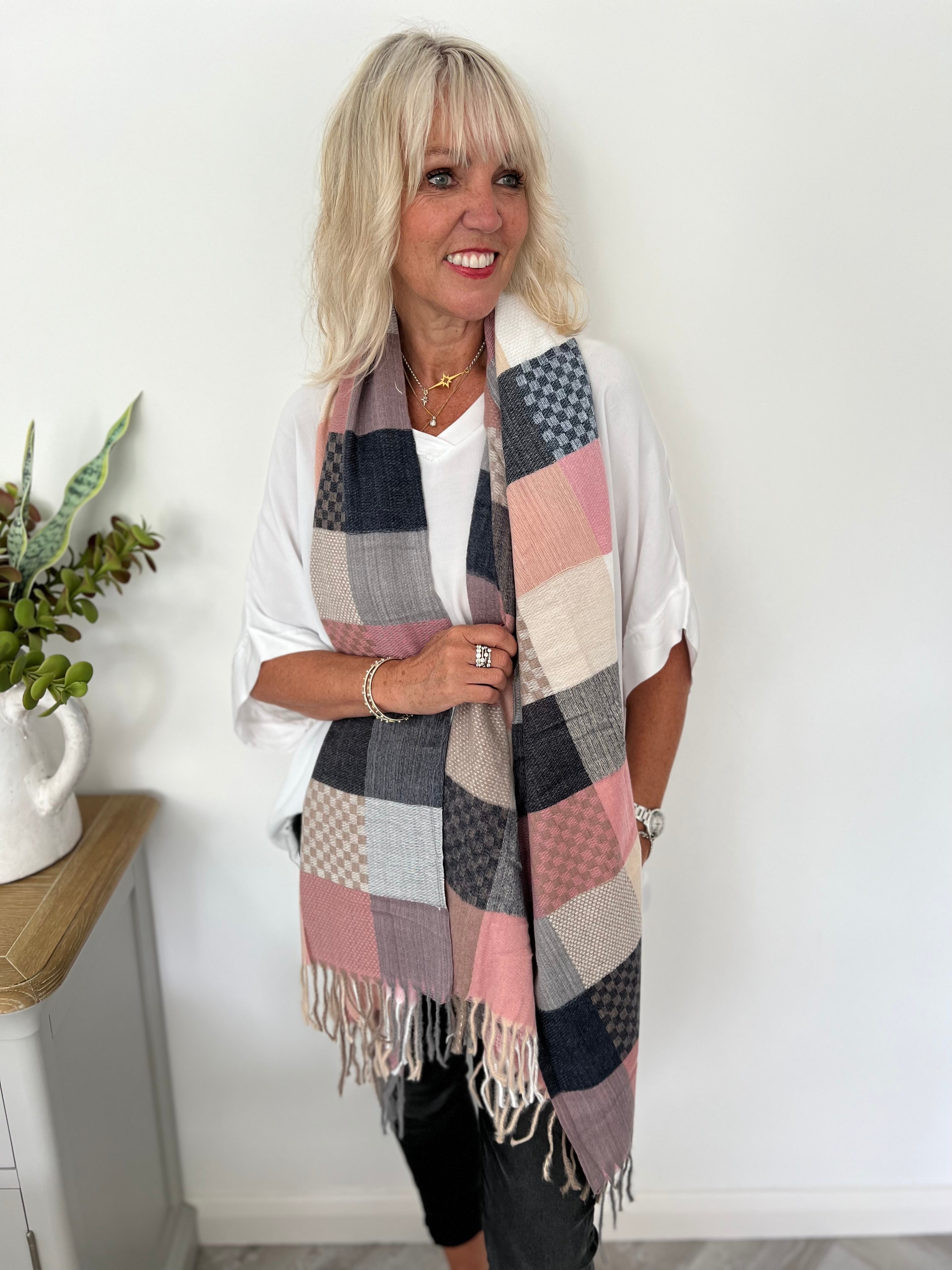 Soft Check Scarf in Pink & Grey