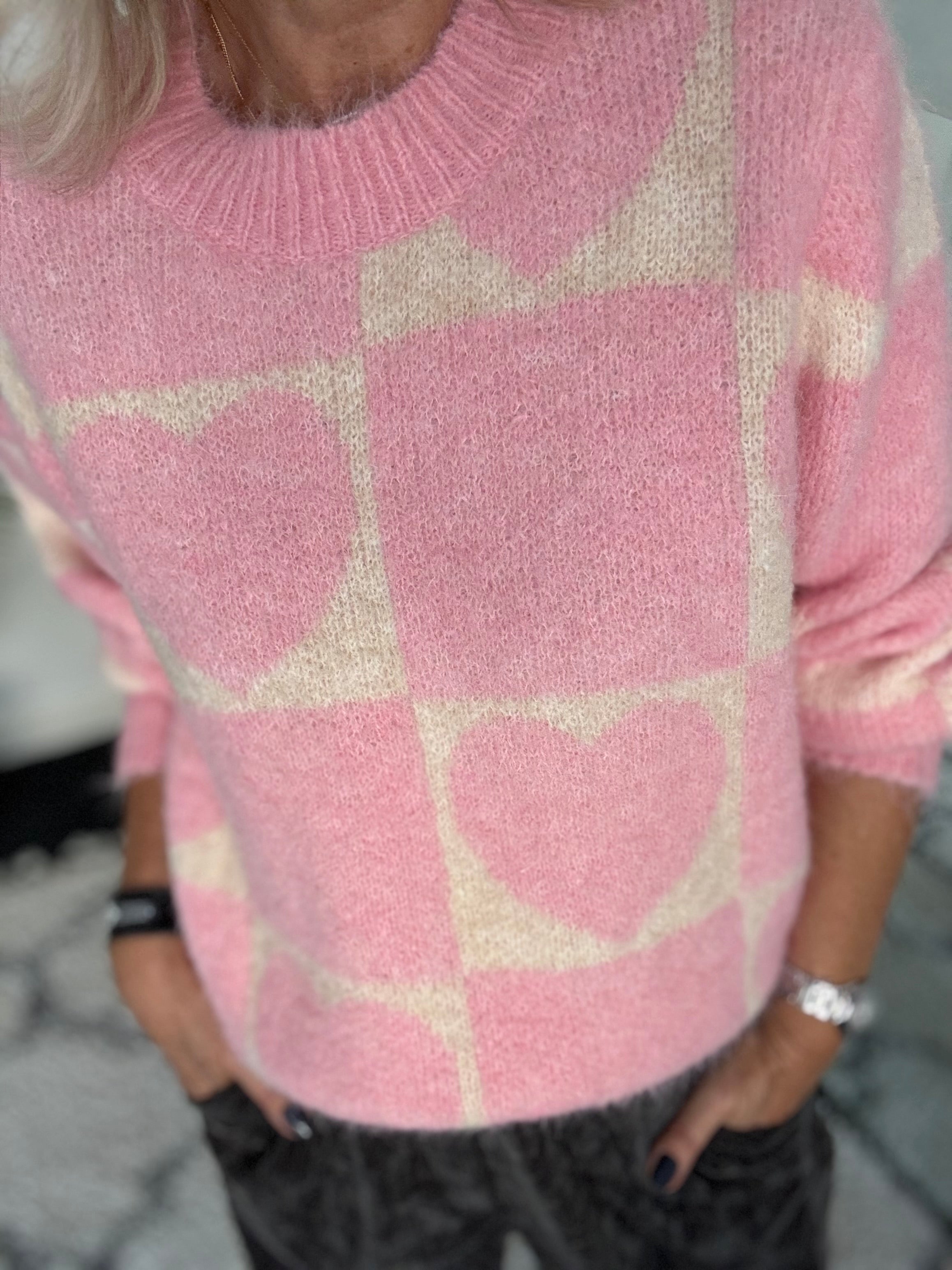 Heart & Squares Sweater in Pink & Ecru