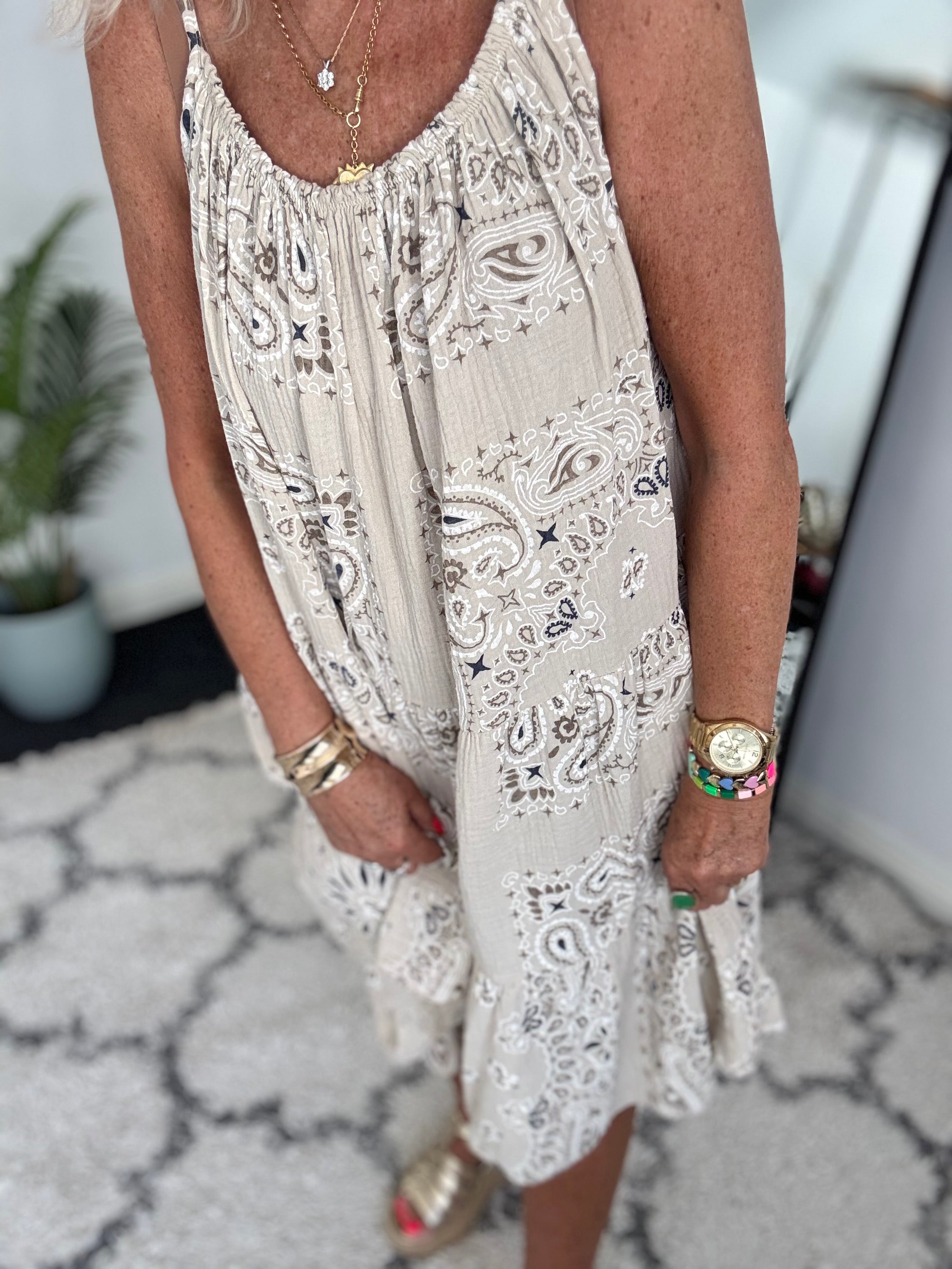 Paisley Cheesecloth Dress in Stone