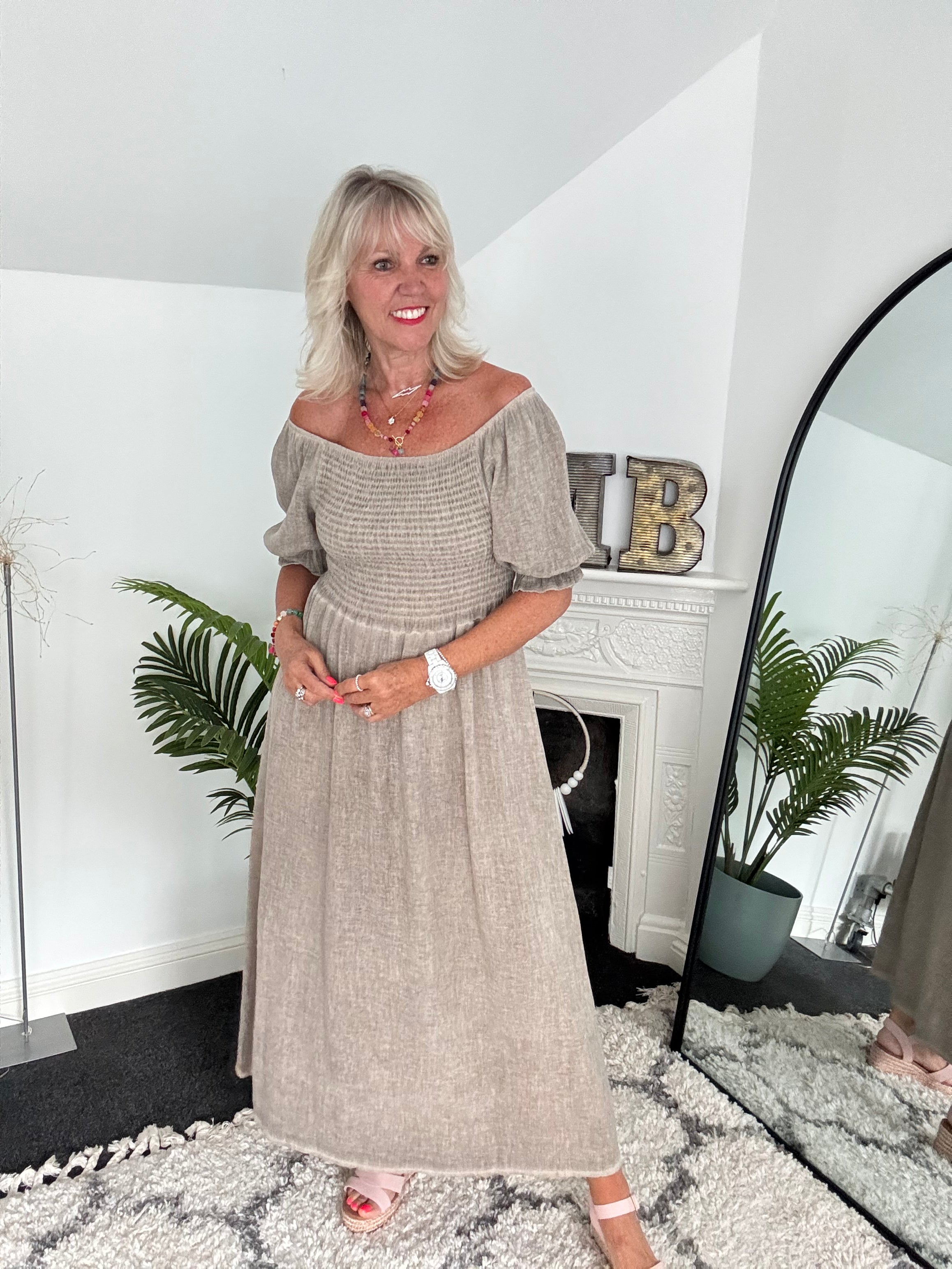 Cotton & Linen Shirred Dress in Mocha