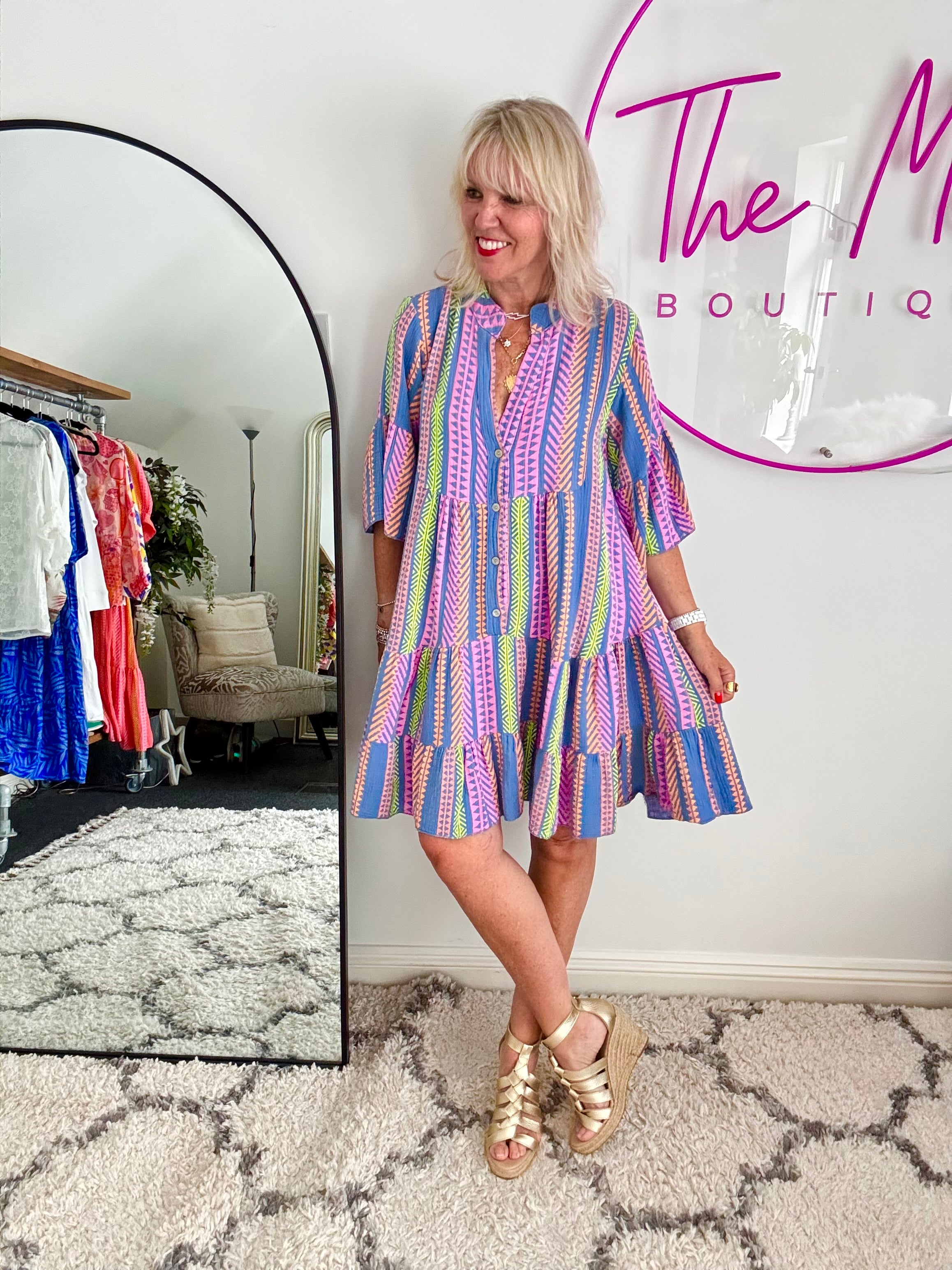 Cheesecloth Dress in Blue & Lilac Aztec