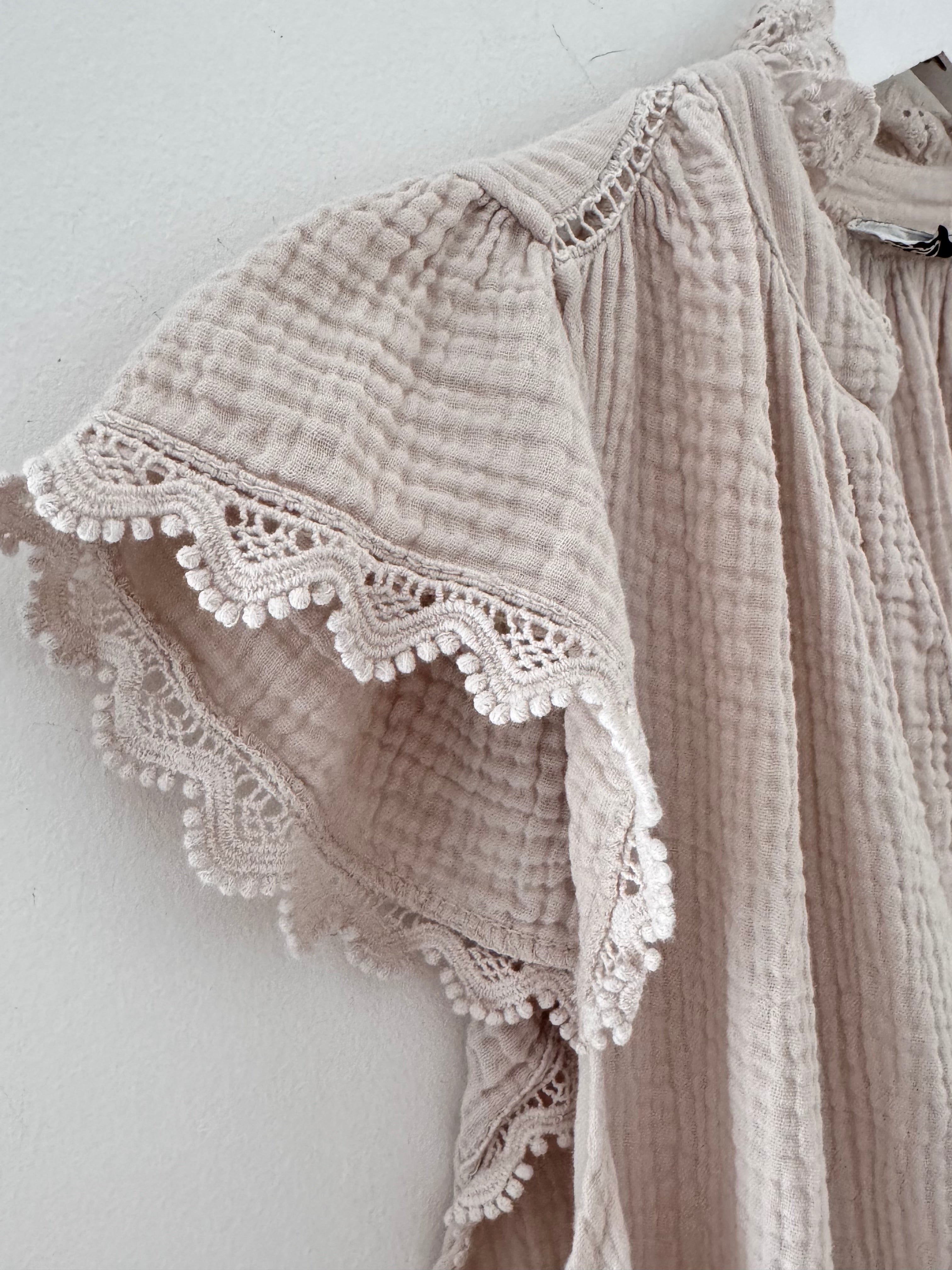 Cheesecloth Dress with Lace Edge Sleeves in Stone
