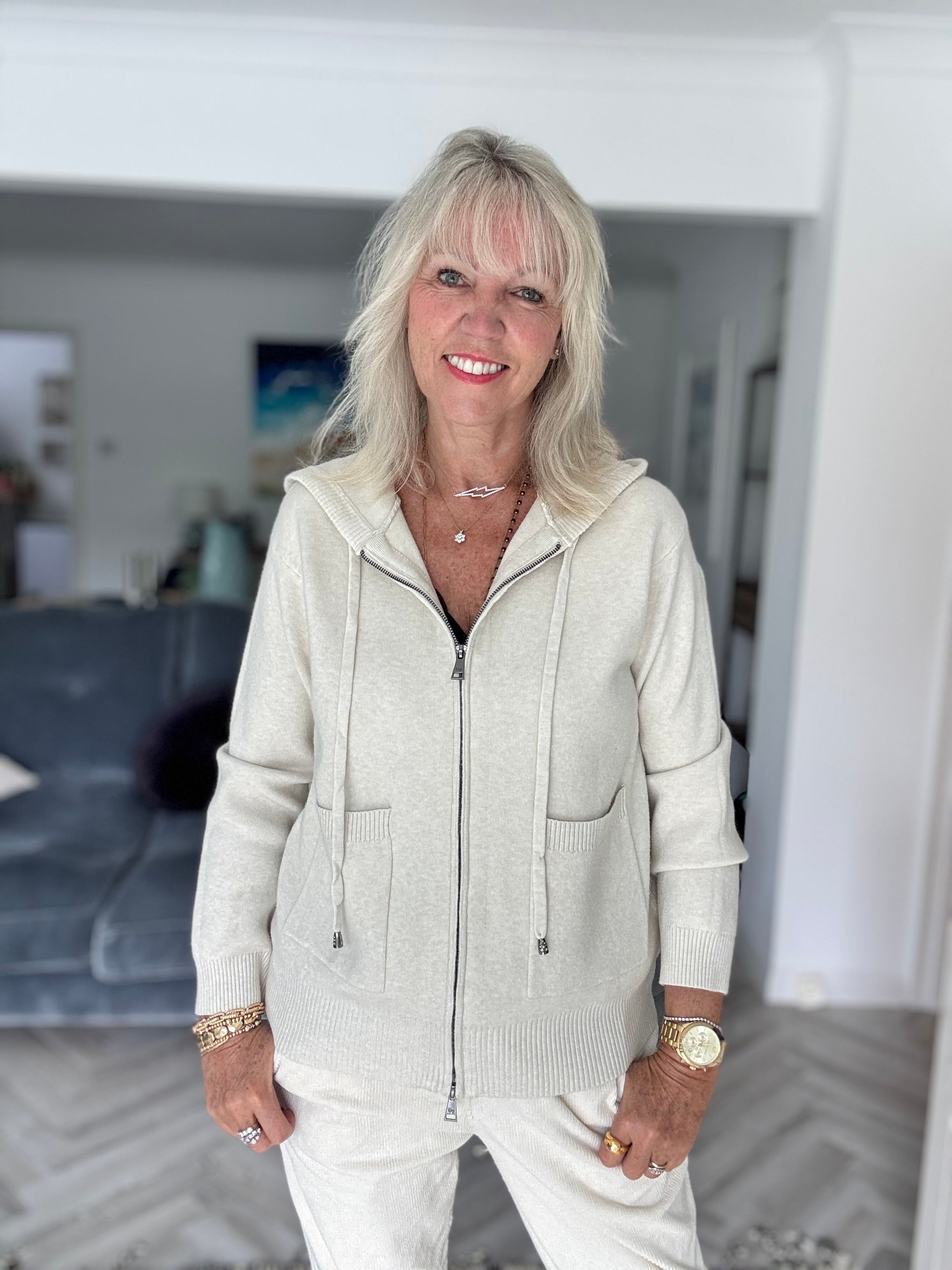 Soft Hooded Zipped Jumper in Ecru
