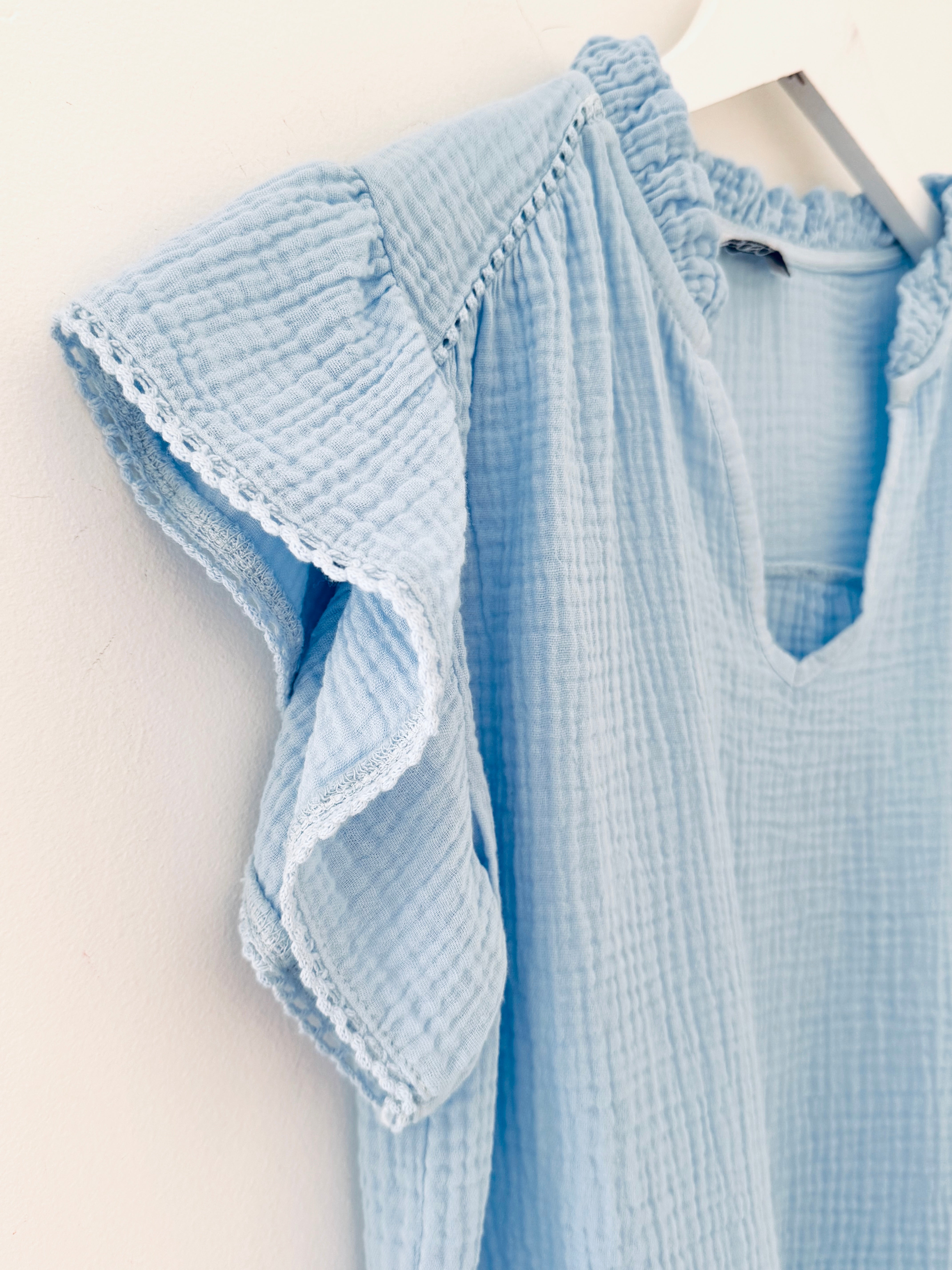 Cheesecloth Top with Ruffle Sleeves in Light Blue