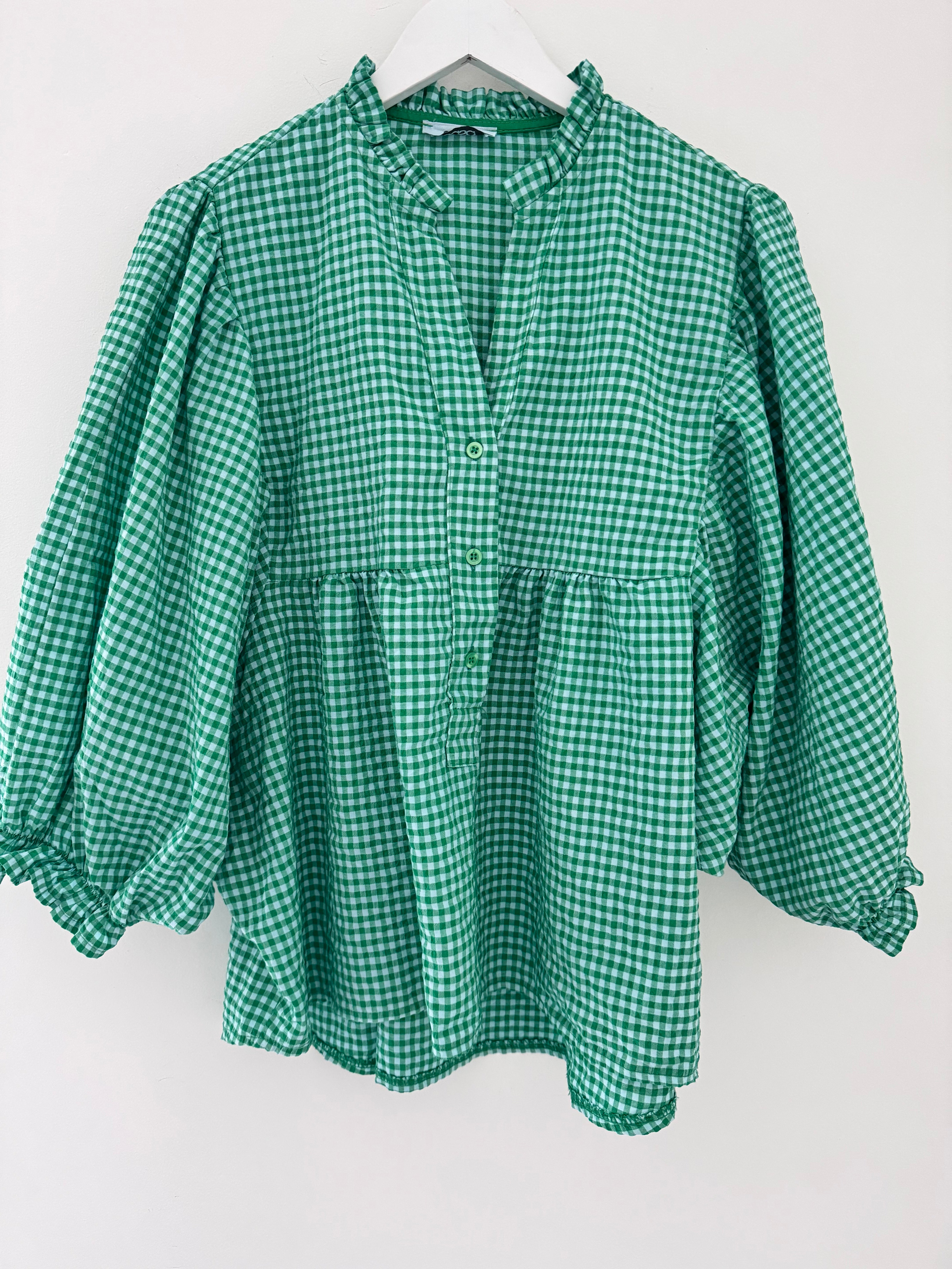 Gingham Seersucker Blouse in Green