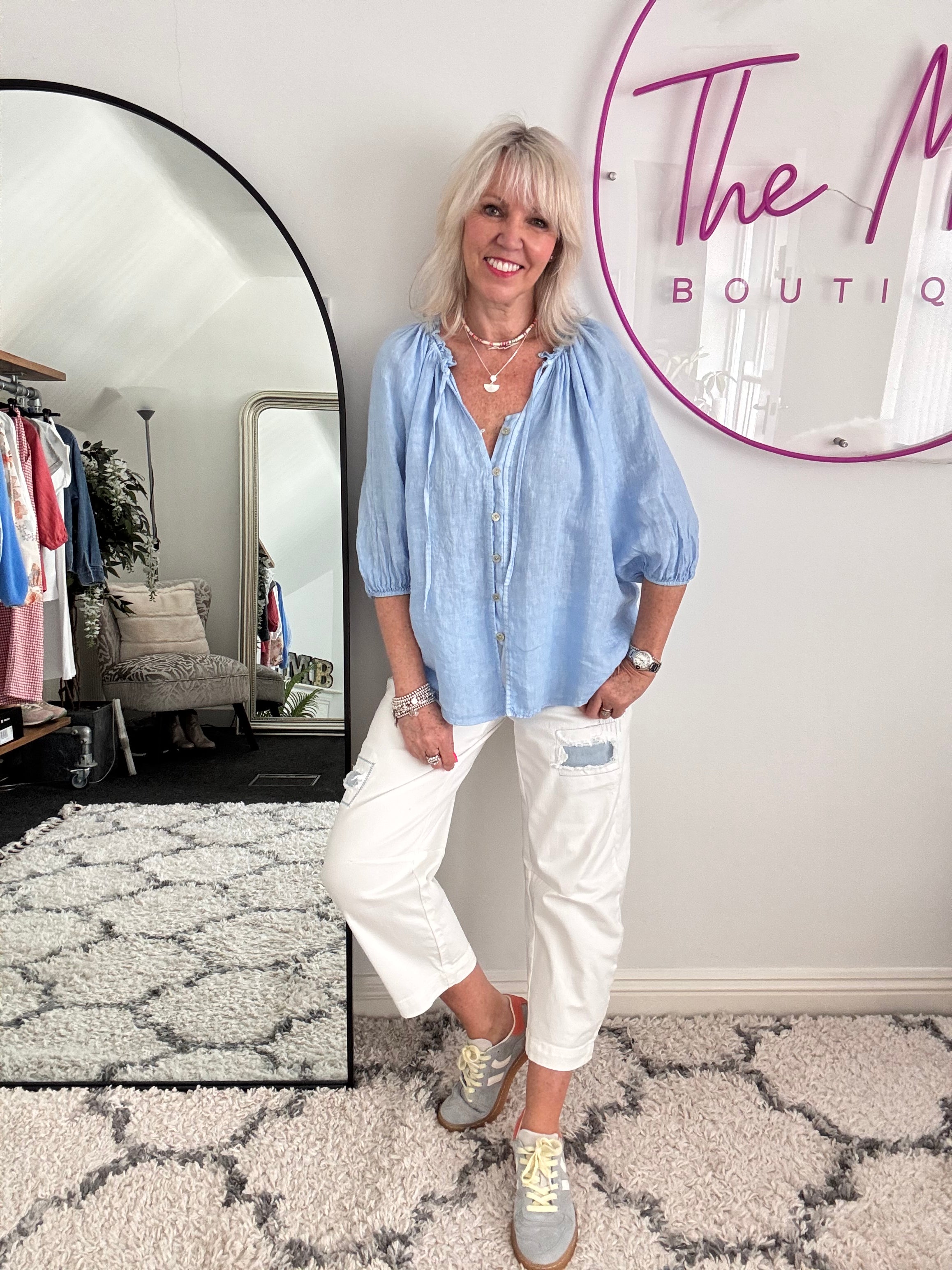 Pure Linen Designer Blouse in Sky Blue