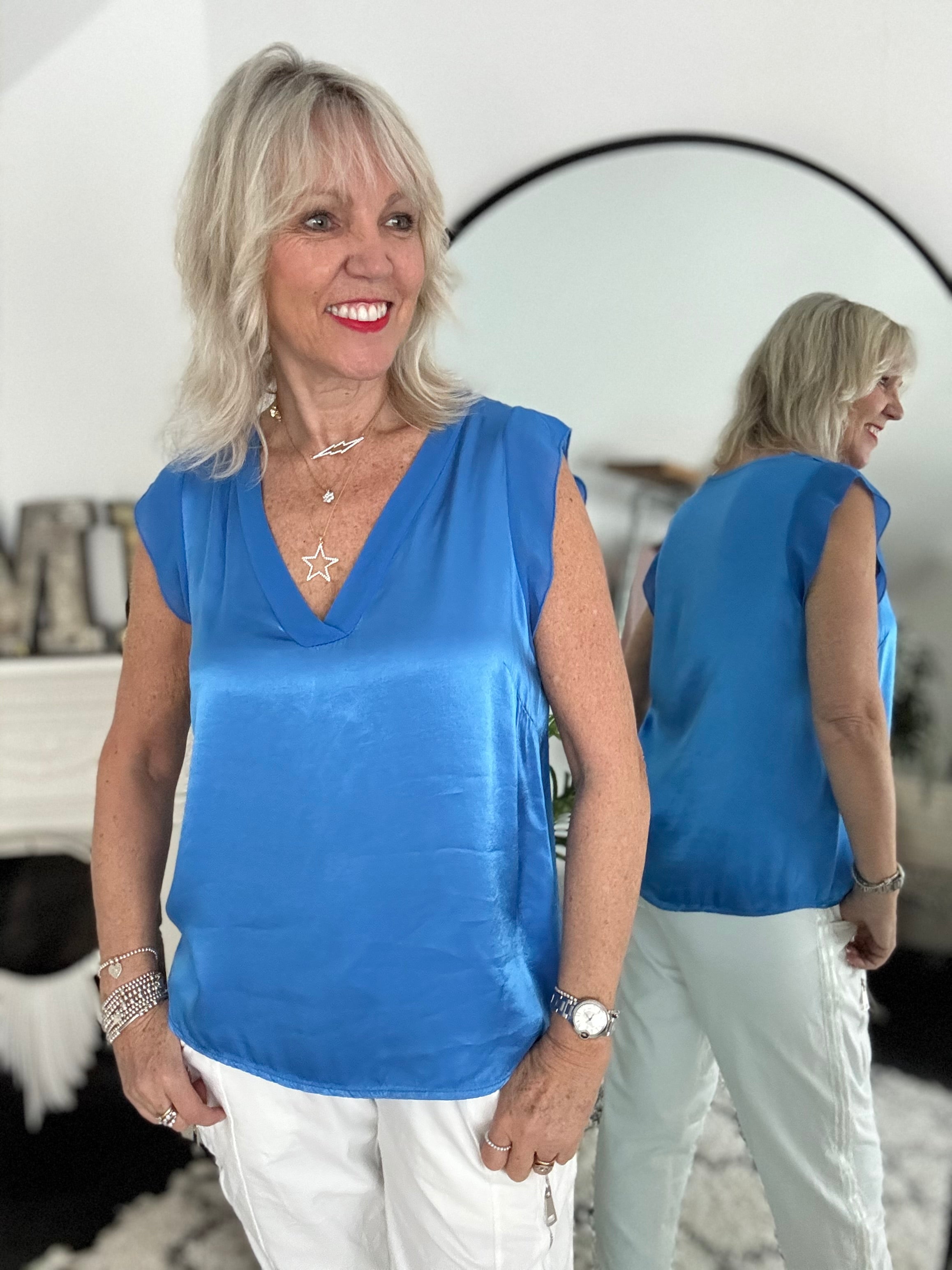 Silky V Neck Tank in Blue