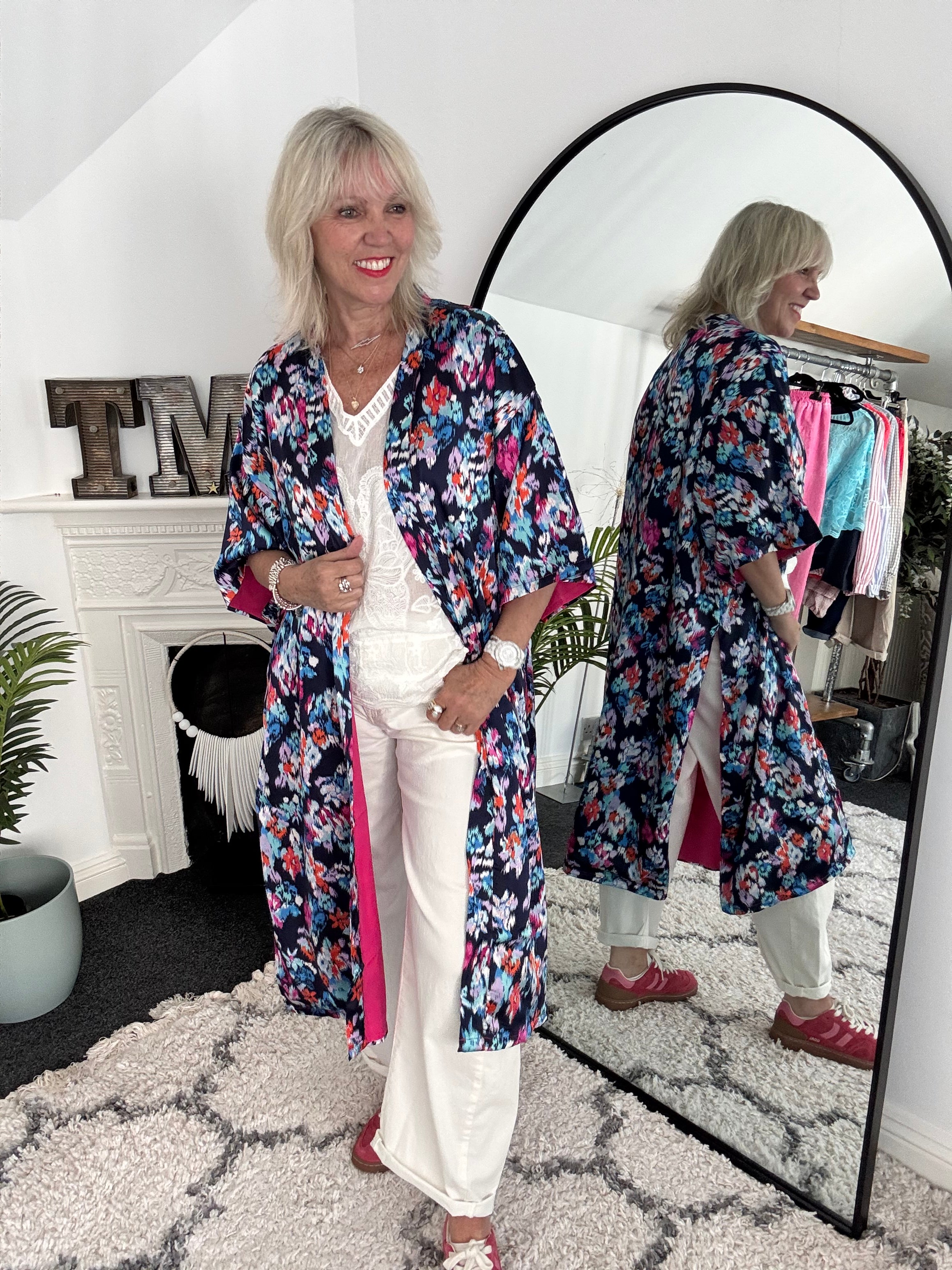 Silky Long Kimono in Blues & Pinks