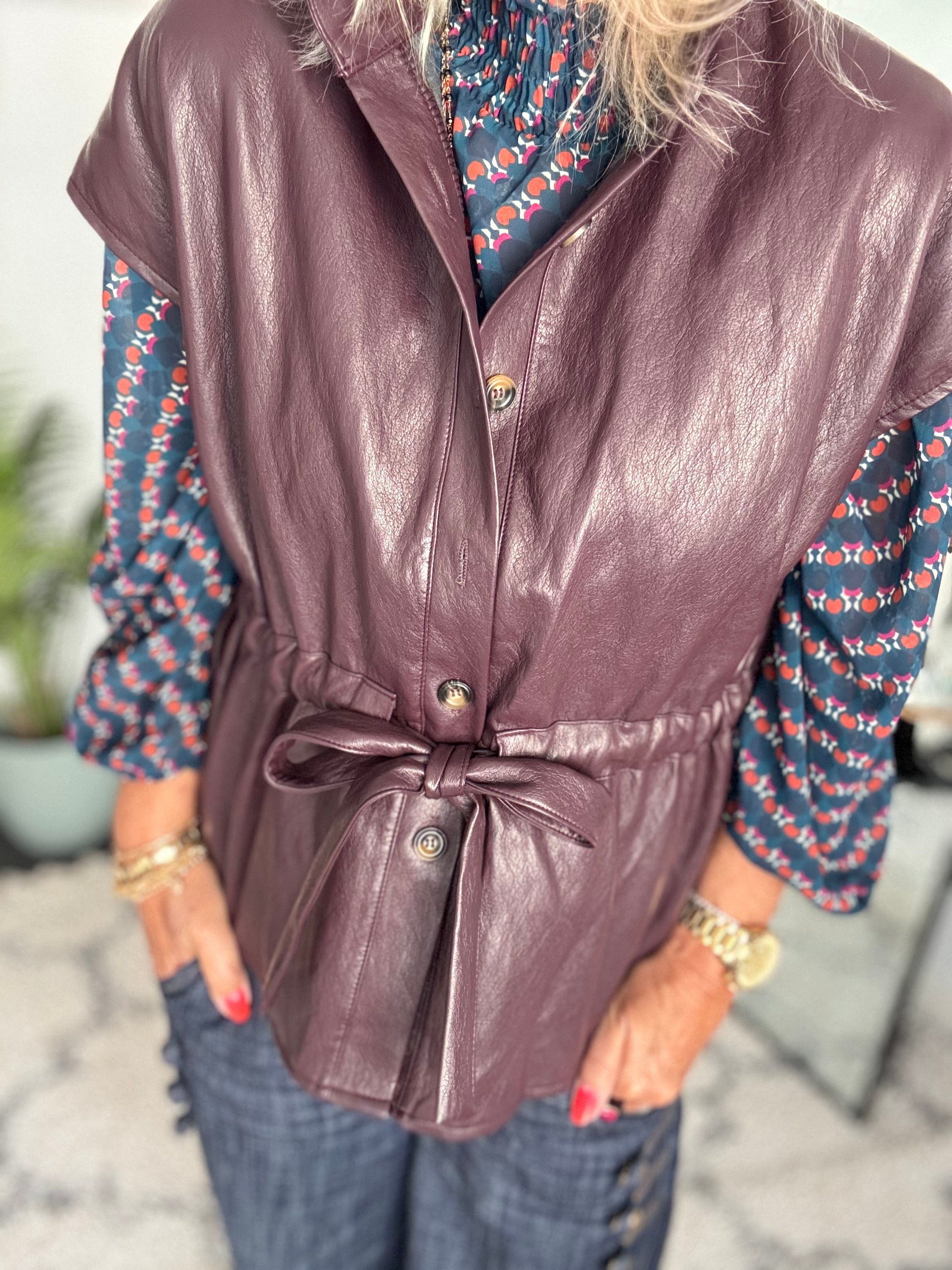 Designer Leather Gilet in Plum
