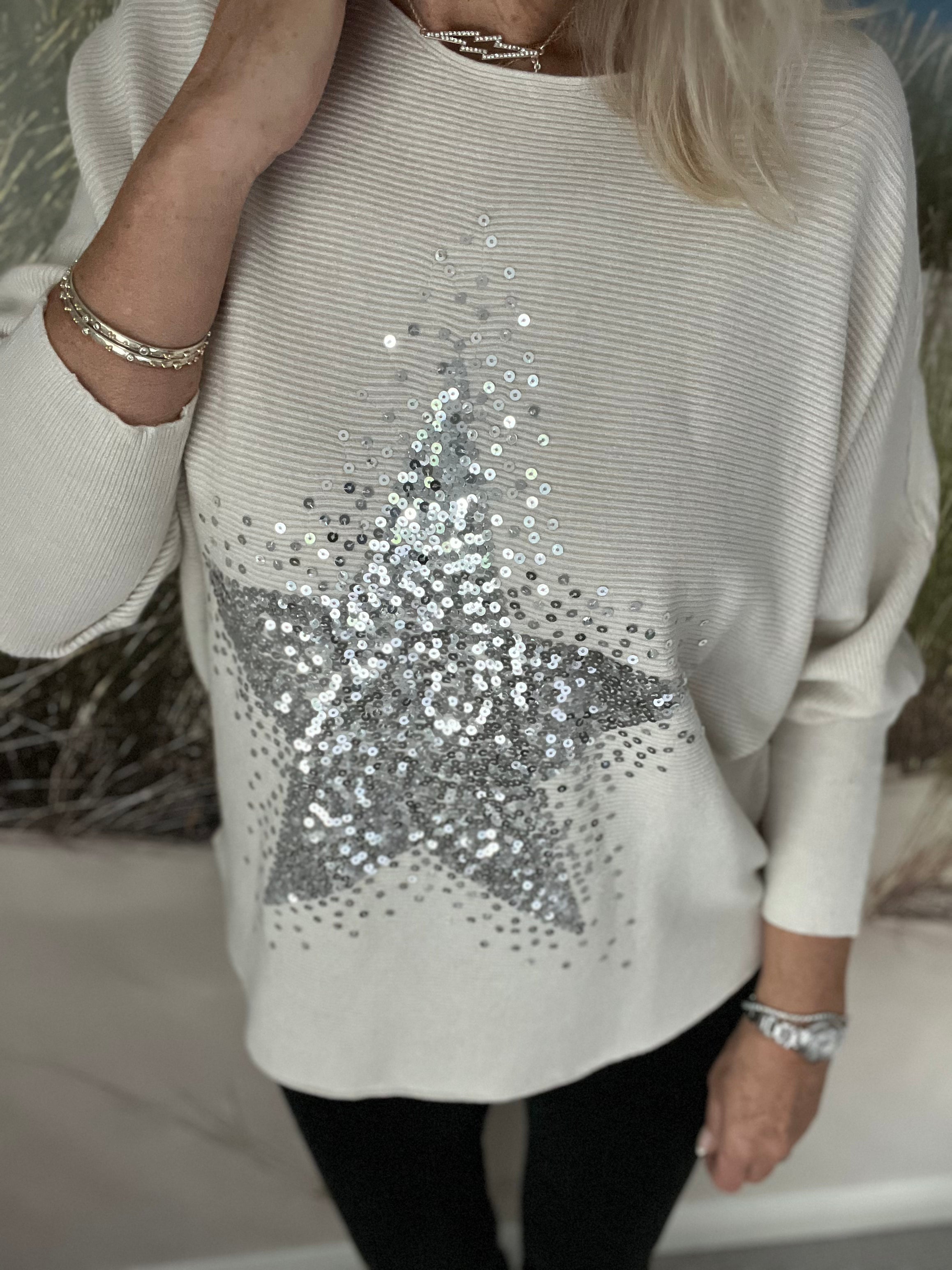 Ribbed Sequin Star Jumper in Stone