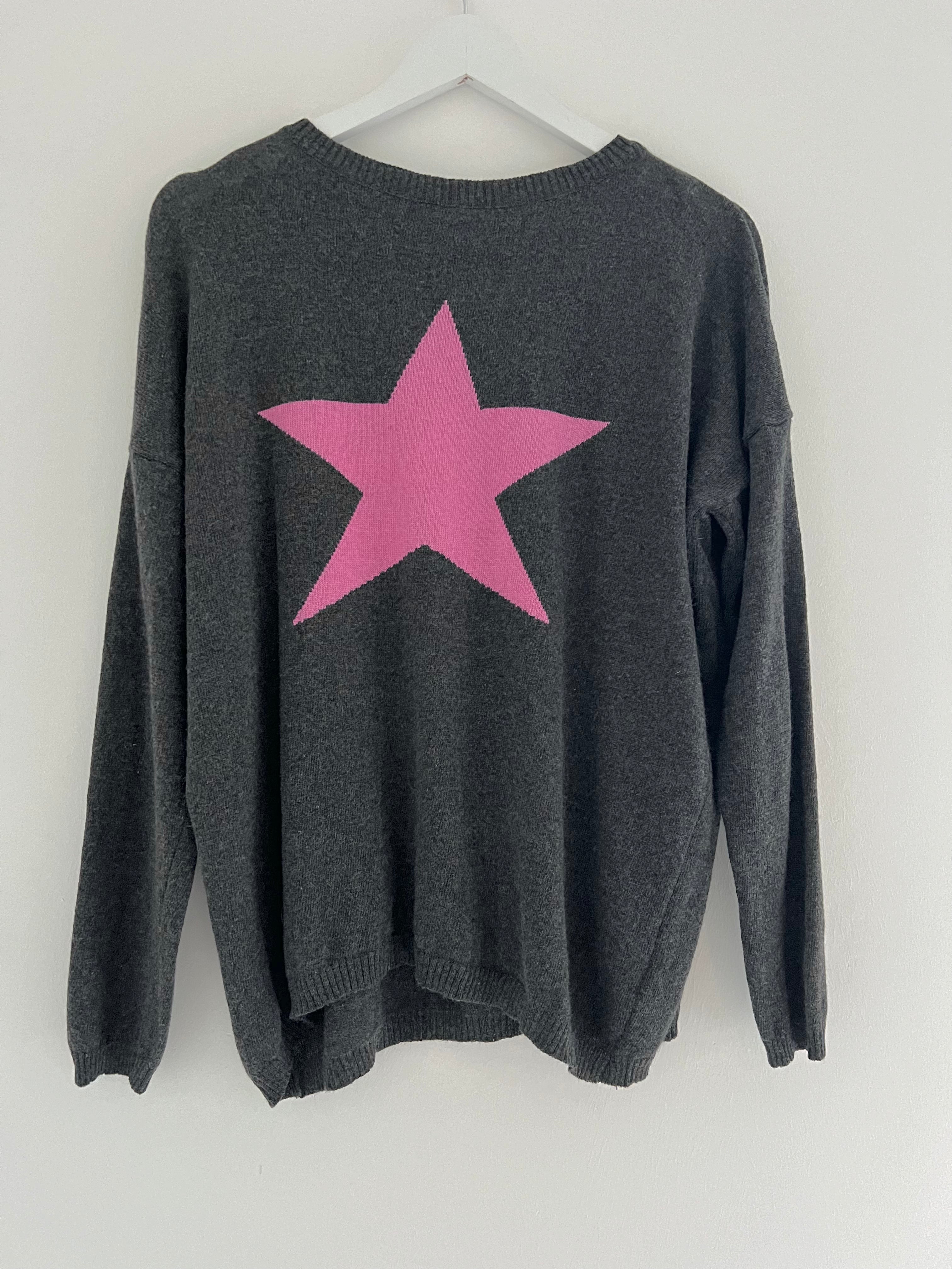 Star Cashmere Jumper in Charcoal & Pink