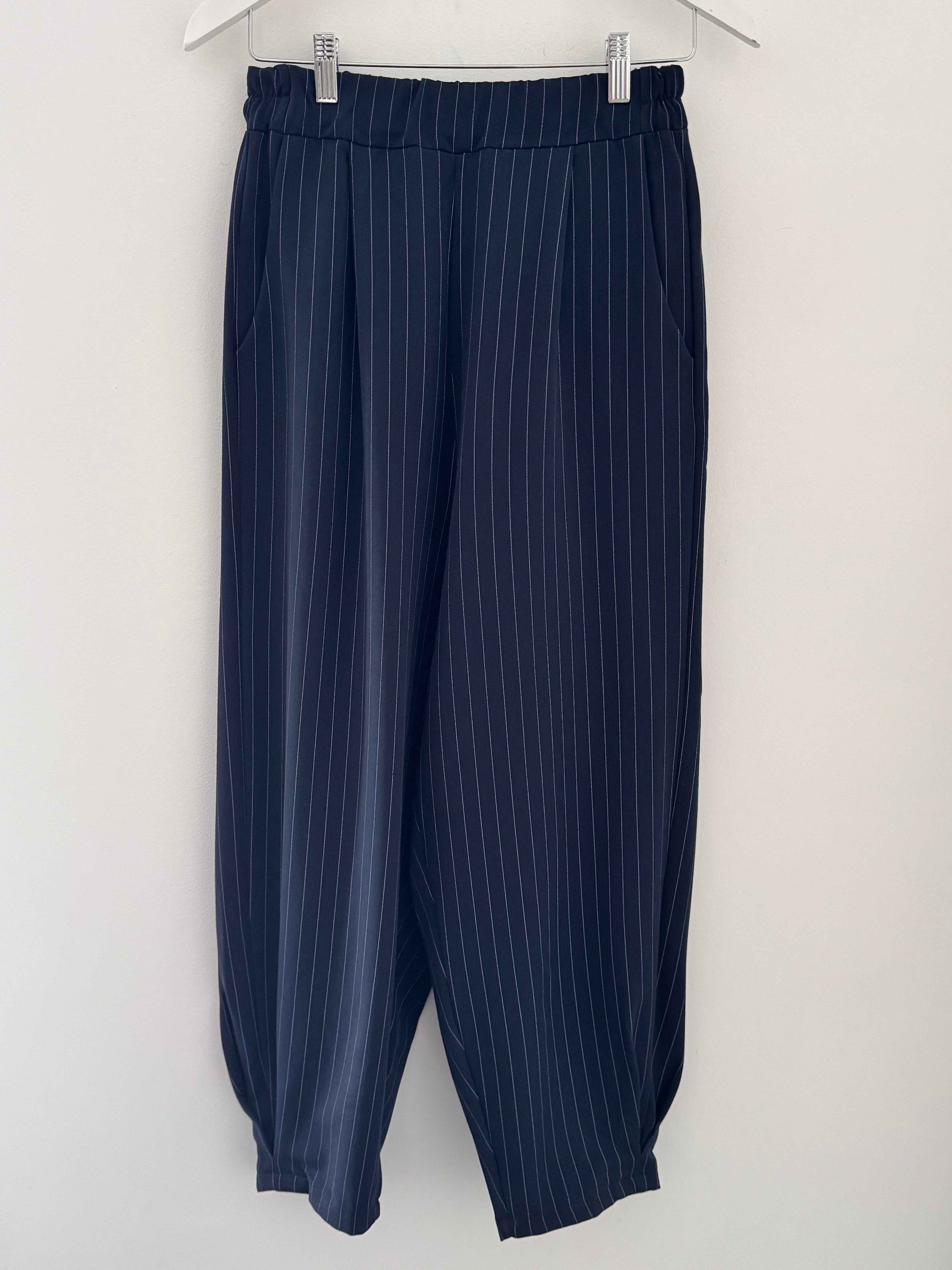 Pinstripe Barrel Leg Trousers in Navy