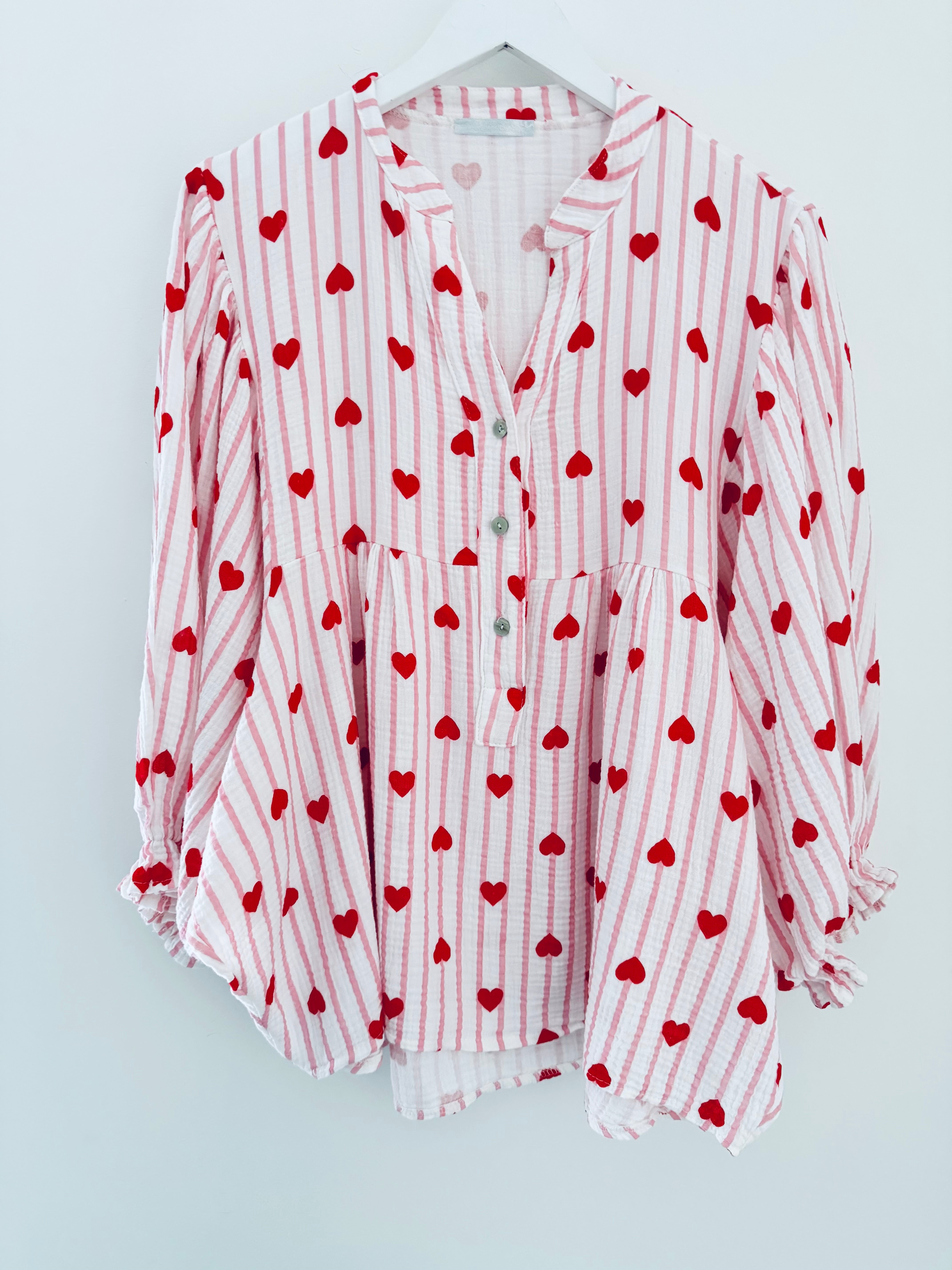 Oversized Cheesecloth Heart Blouse in Pink & Red