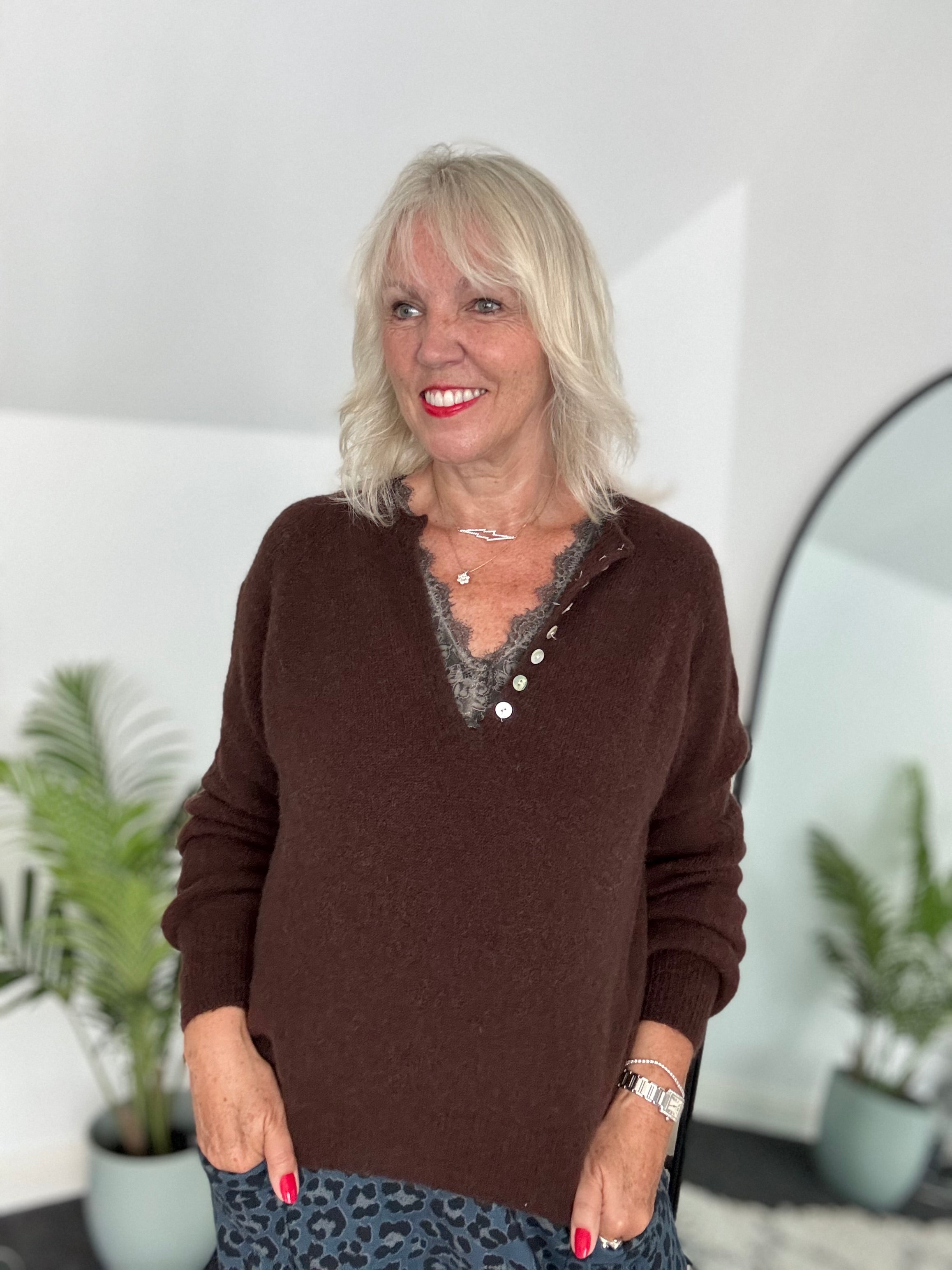 Lace Trim Silk Top in Cocoa