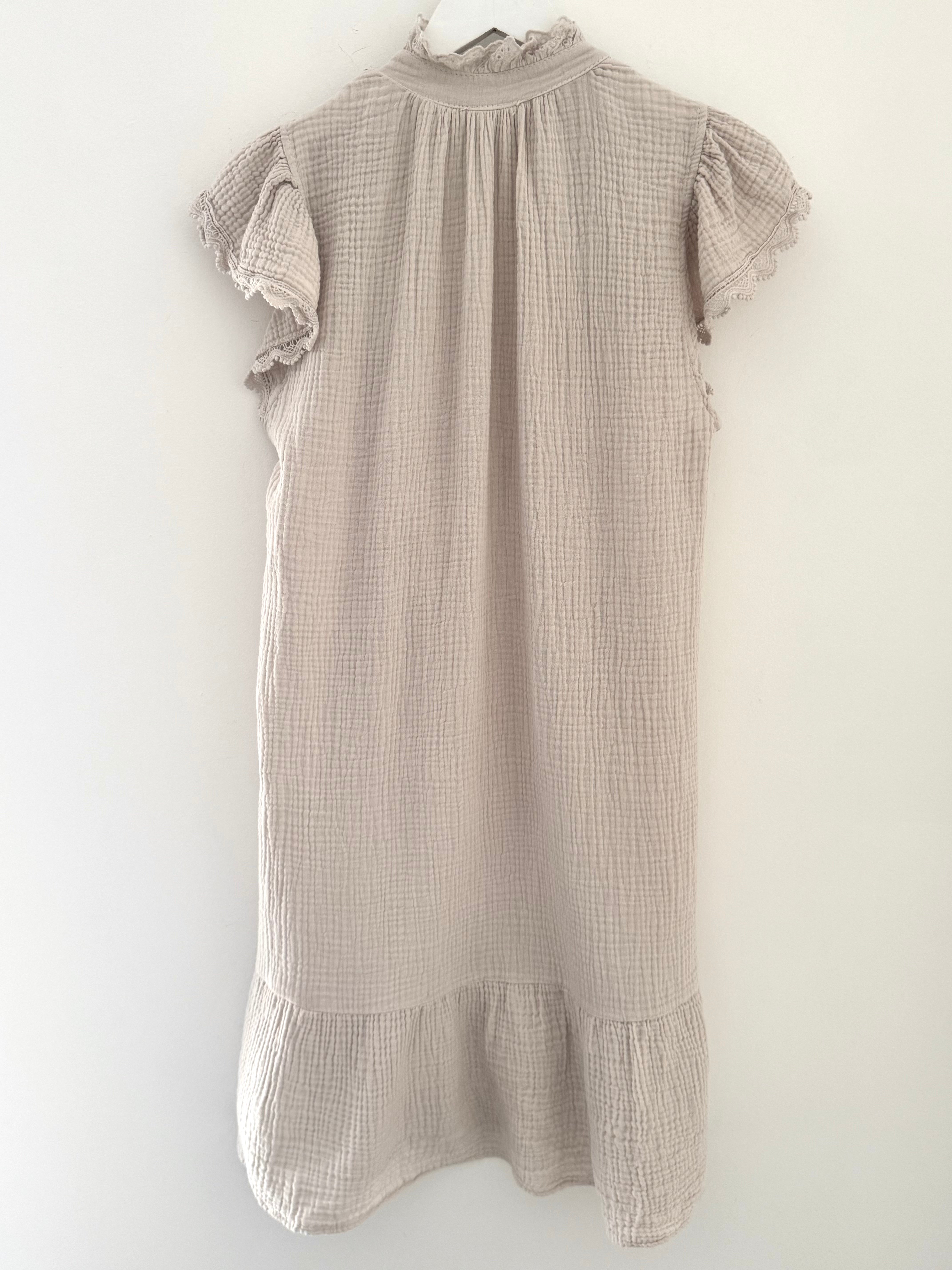Cheesecloth Dress with Lace Edge Sleeves in Stone