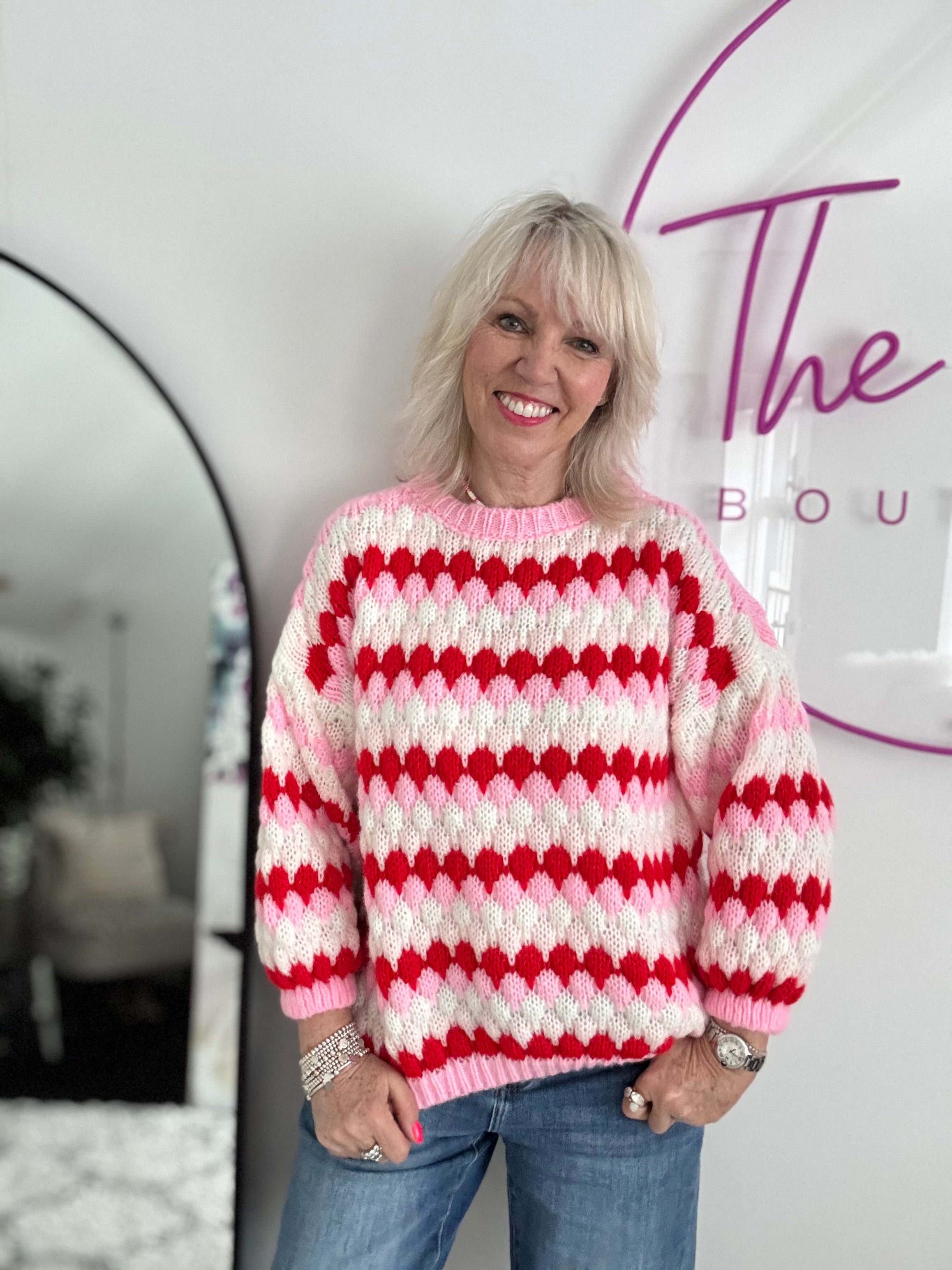 Waffle Knit Jumper in Pink & Red