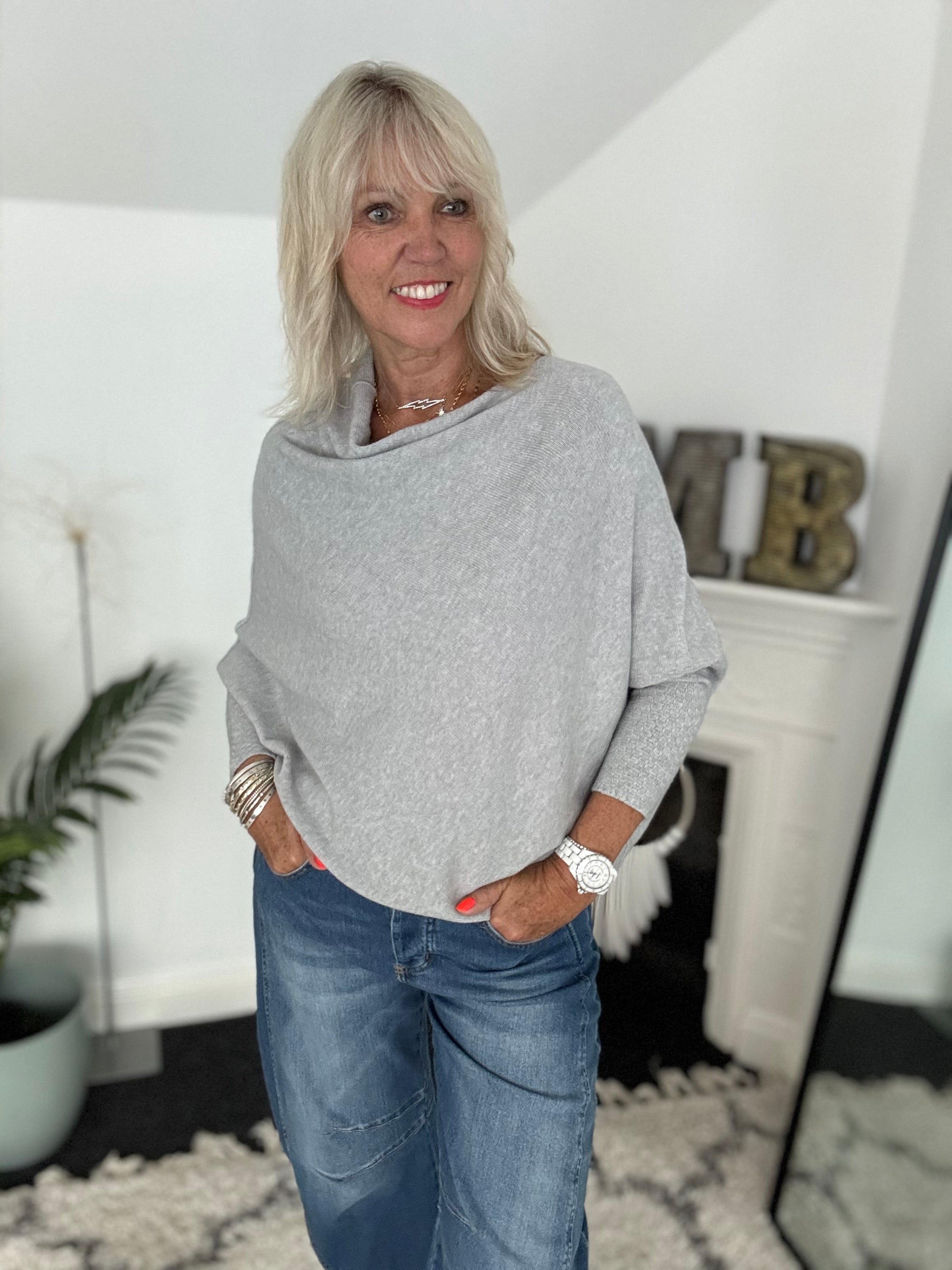 Cowl Neck Asymmetric Jumper in Light Grey