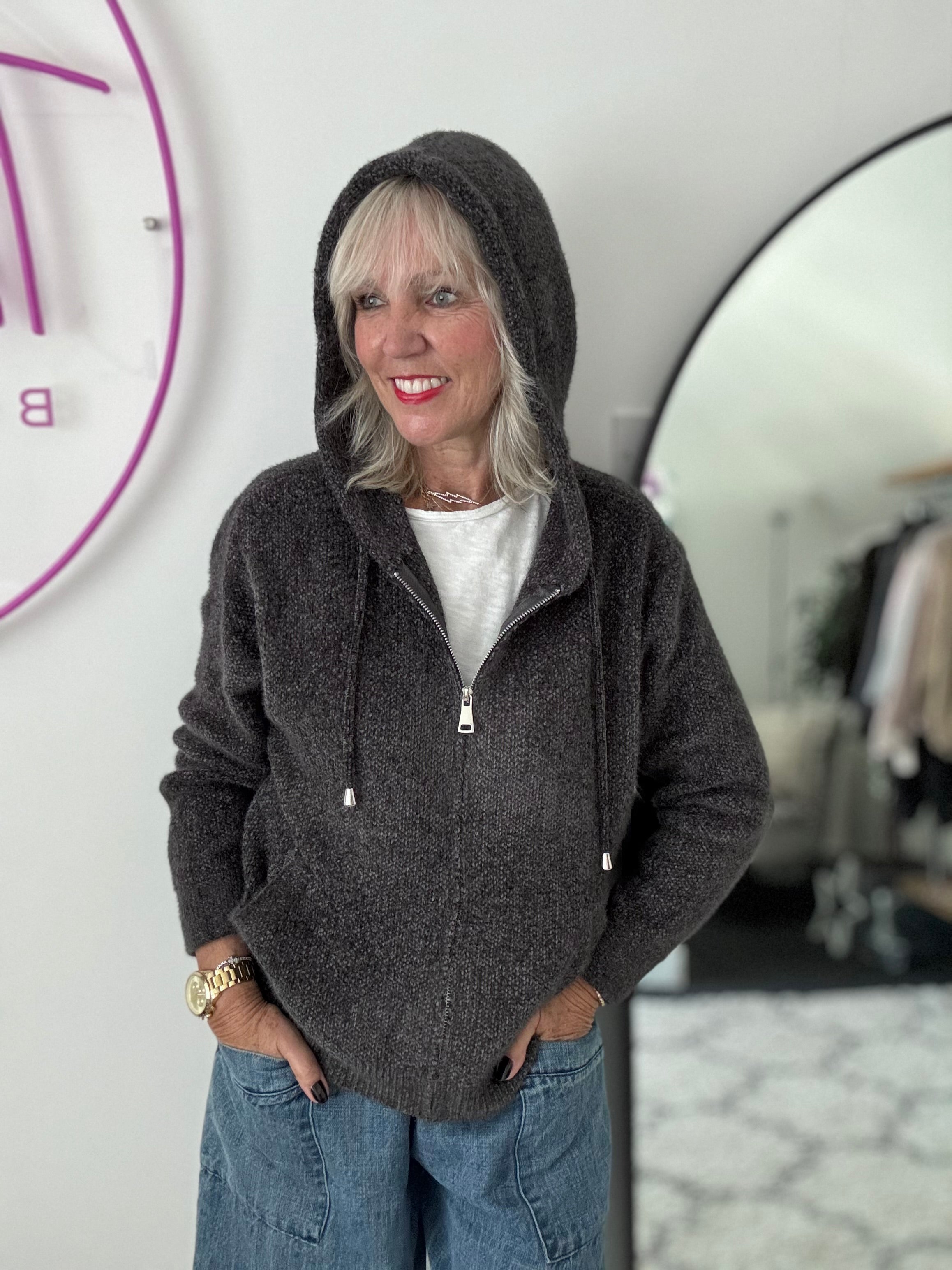 Soft Hooded Knit with Pockets in Anthracite
