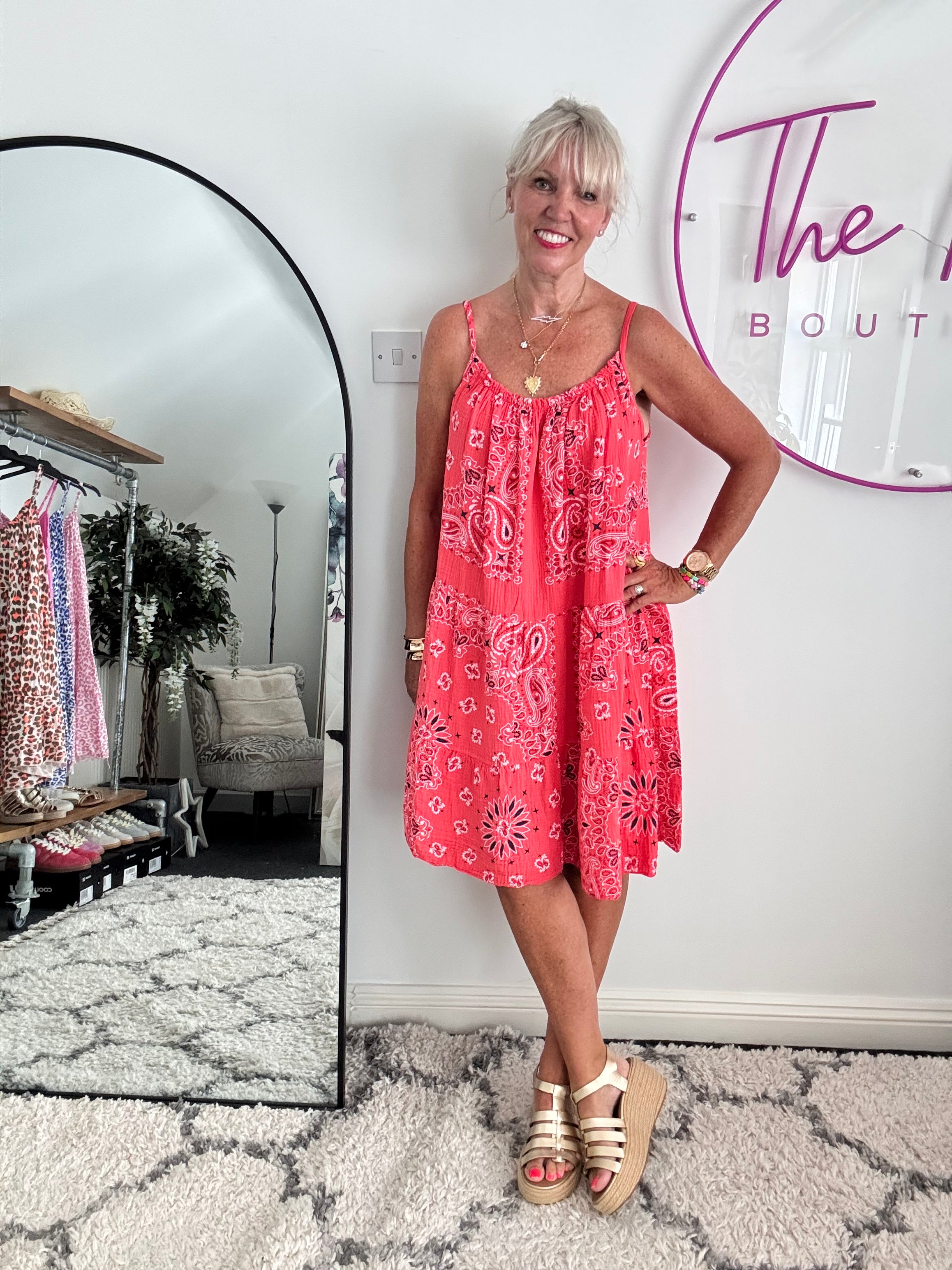 Paisley Cheesecloth Dress in Coral