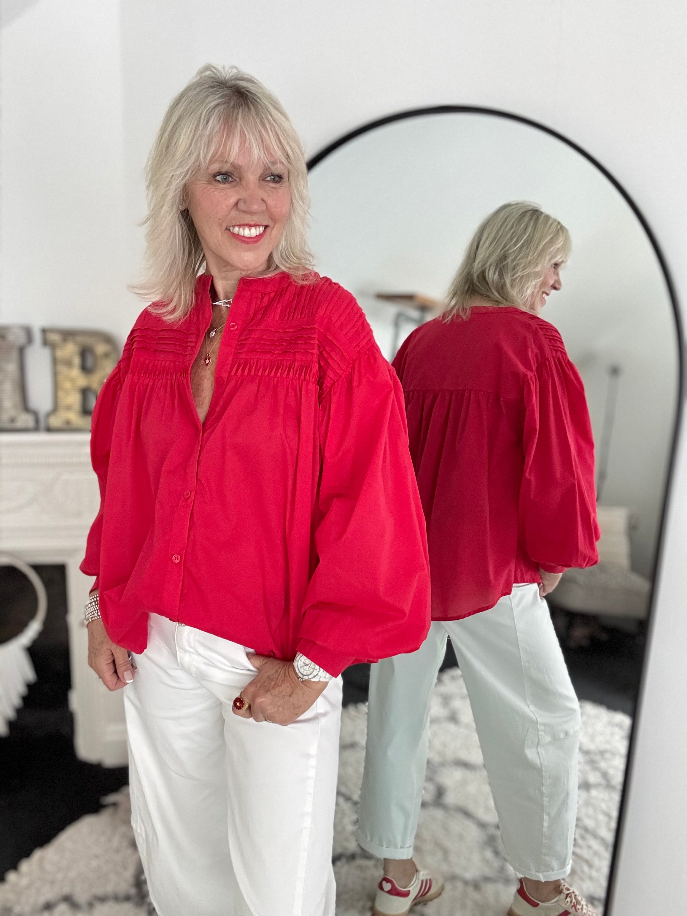 Pintucked Cotton Shirt in Red