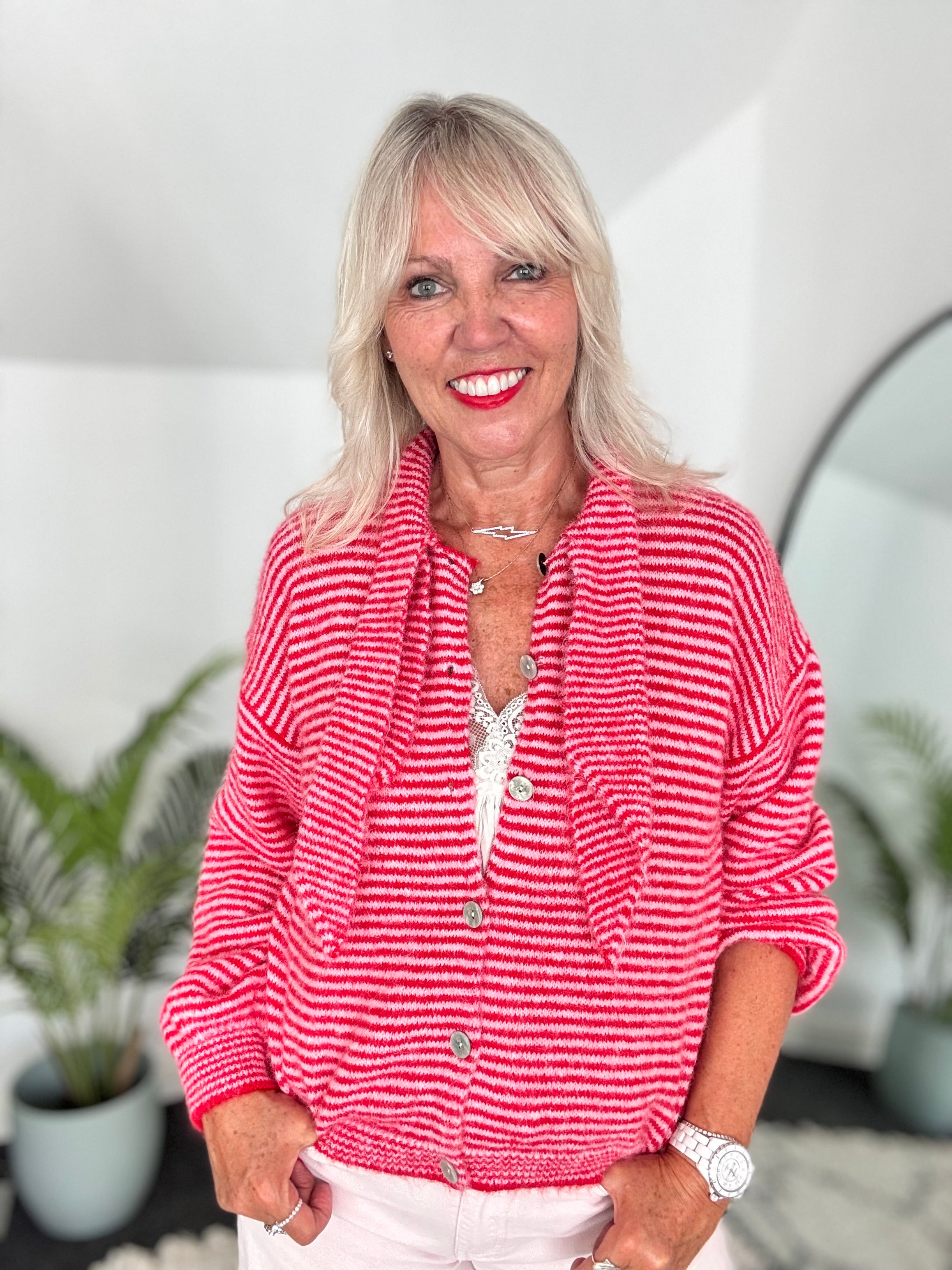 Neck Tie Stripe Cardi in Pink & Red