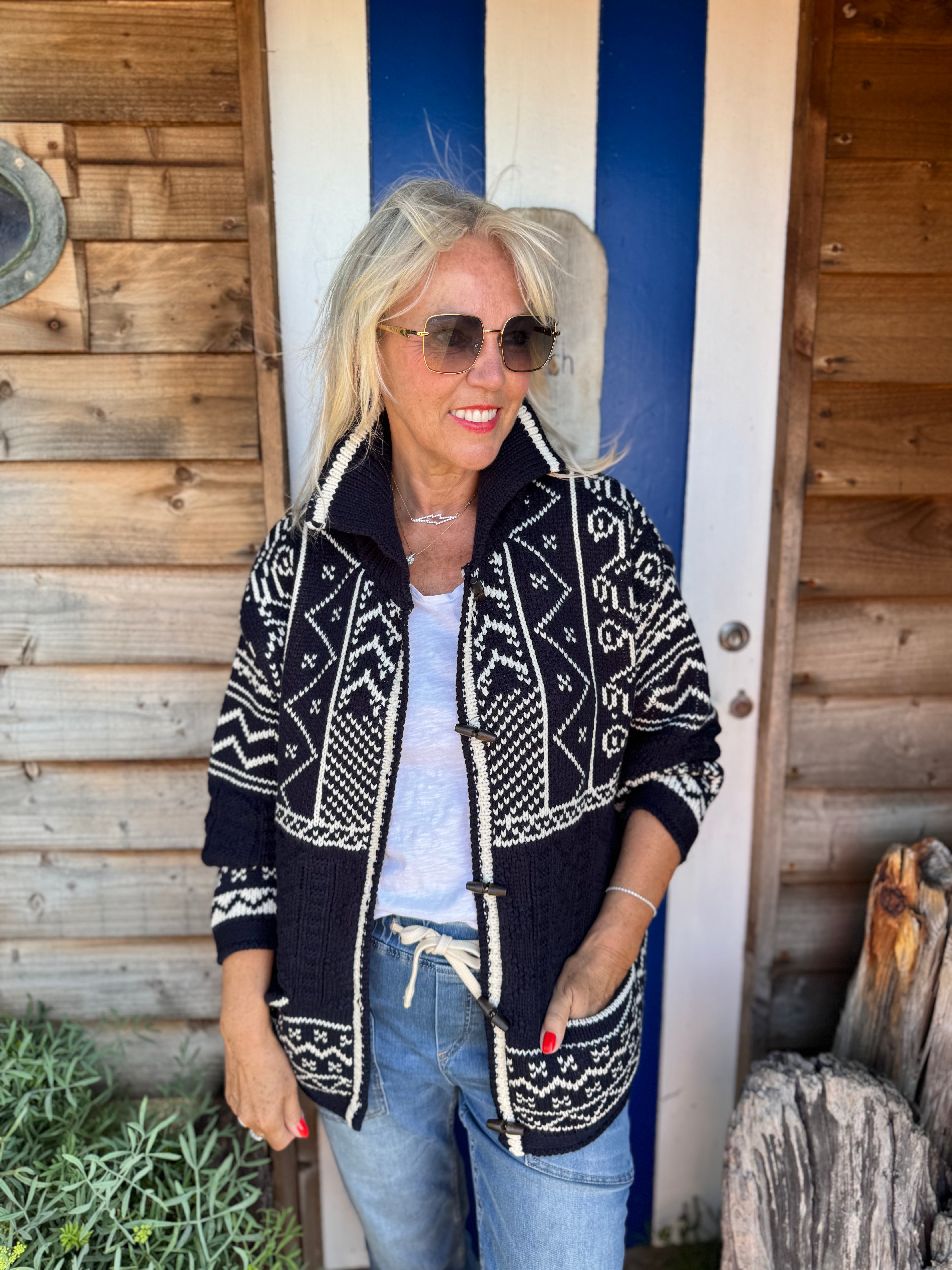 Luxe Nordic Cardigan with Toggles in Navy & White