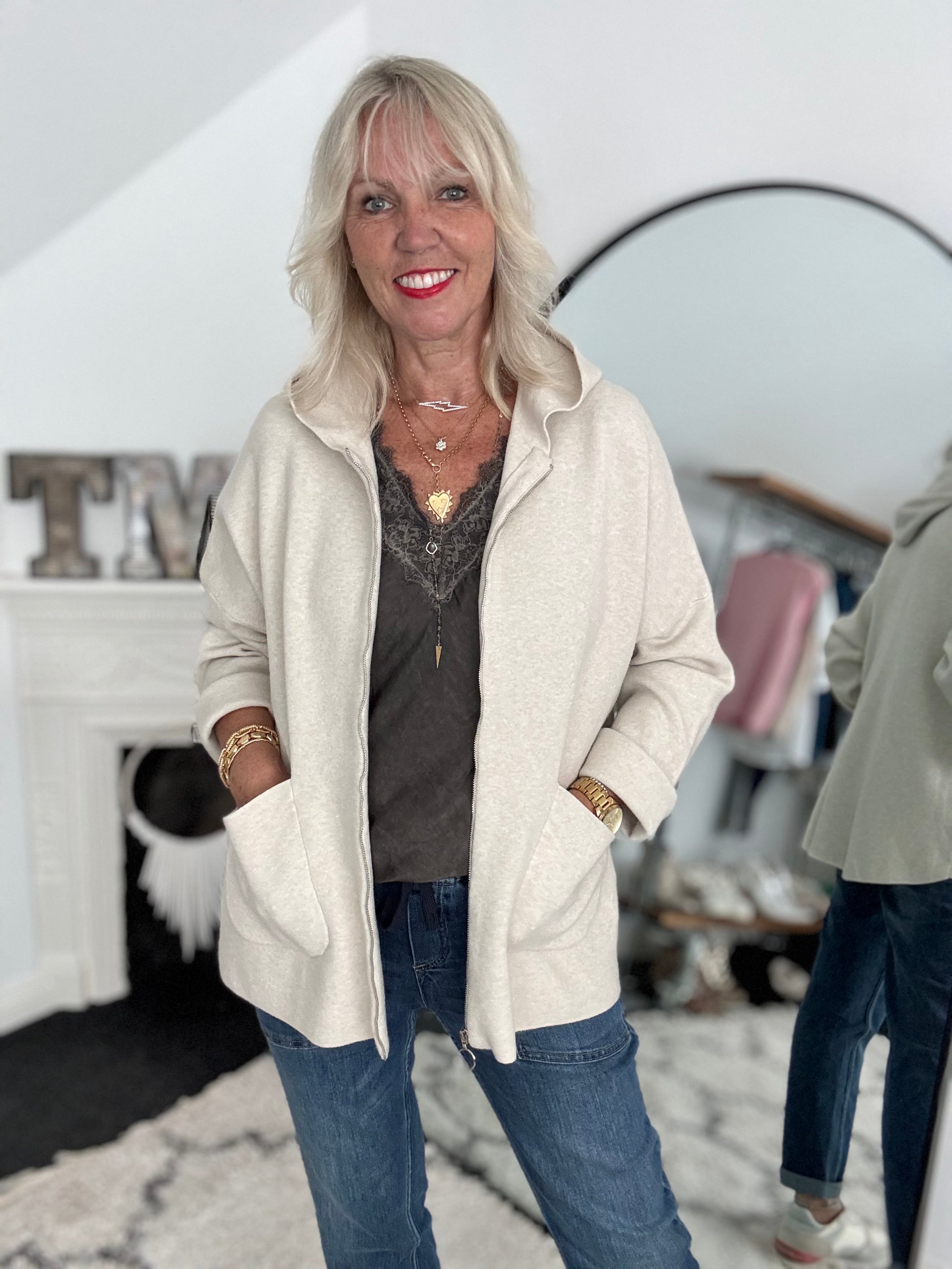 Hooded Zipped Coatigan in Ecru