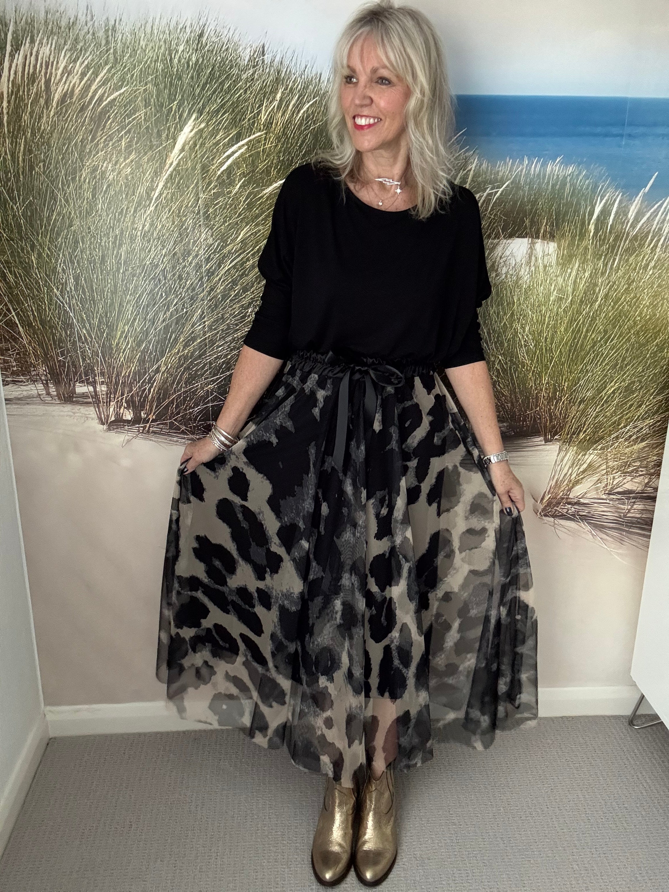 Tulle Midi Skirt in Black & Mocha Leopard