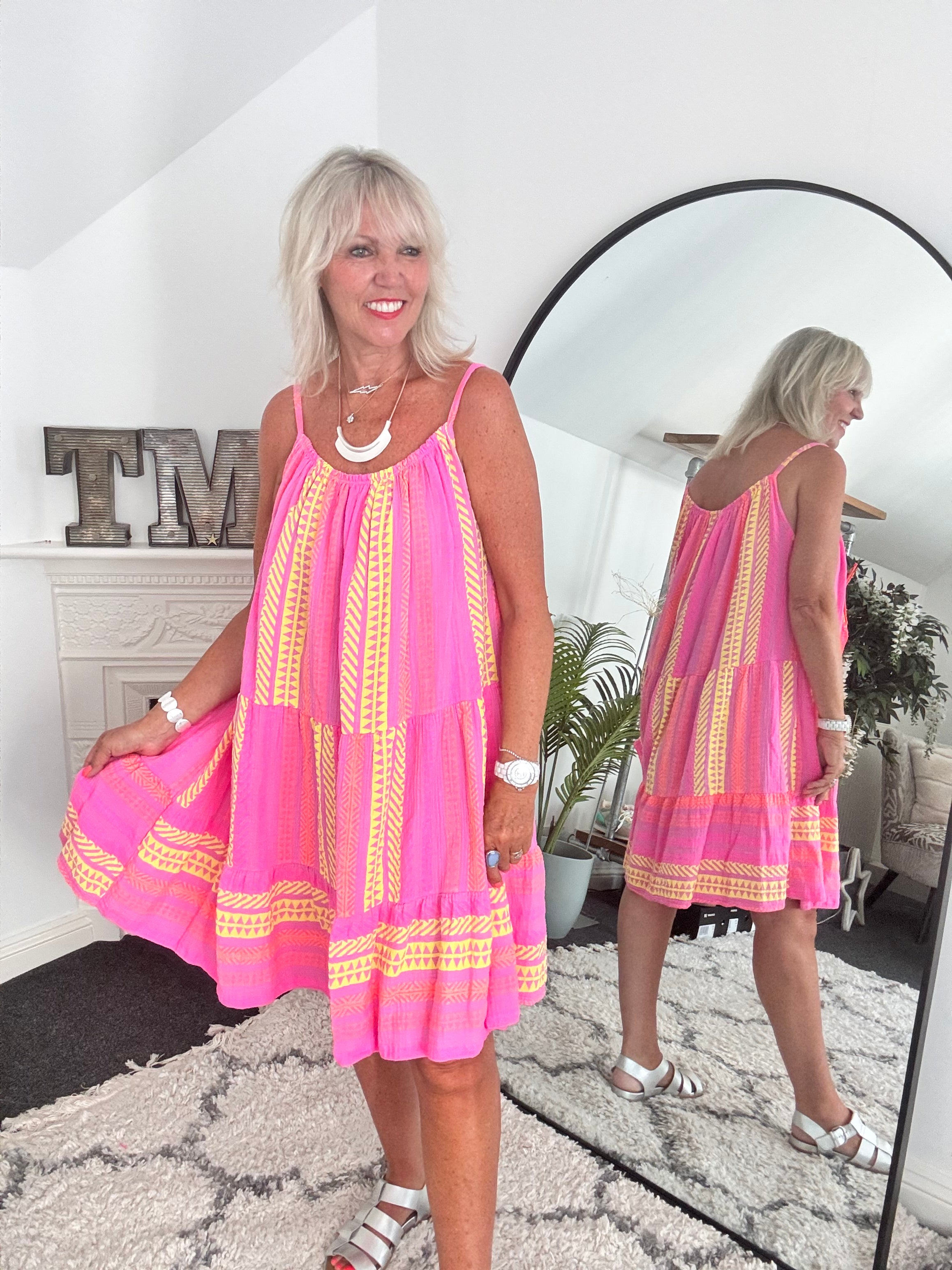 Aztec Cheesecloth Dress in Candy Pink